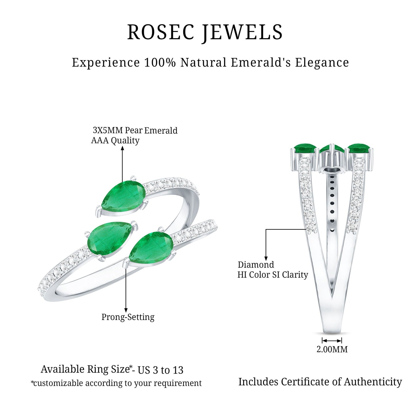 Pear Shaped Emerald and Diamond 3 Stone Statement Ring