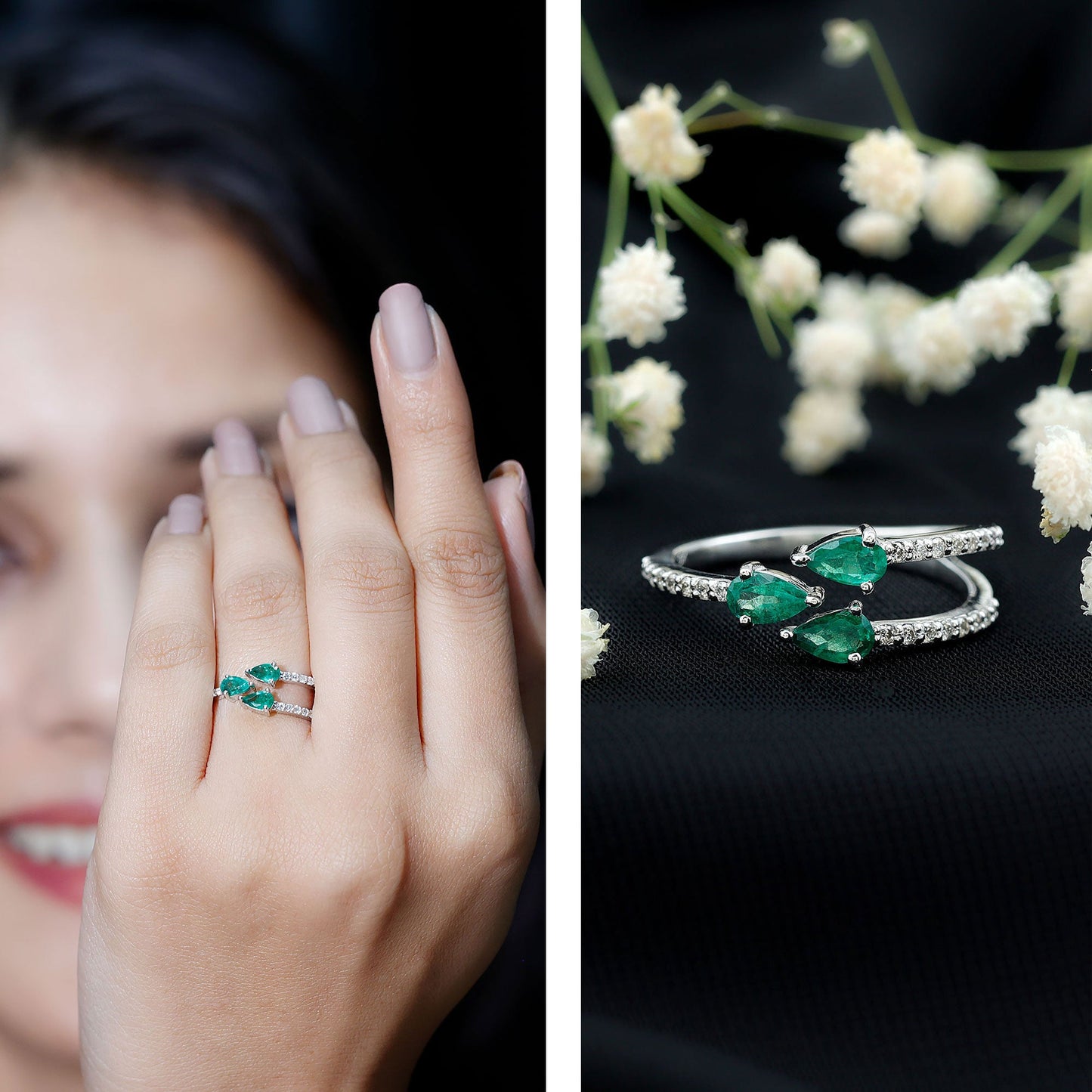 Pear Shaped Emerald and Diamond 3 Stone Statement Ring
