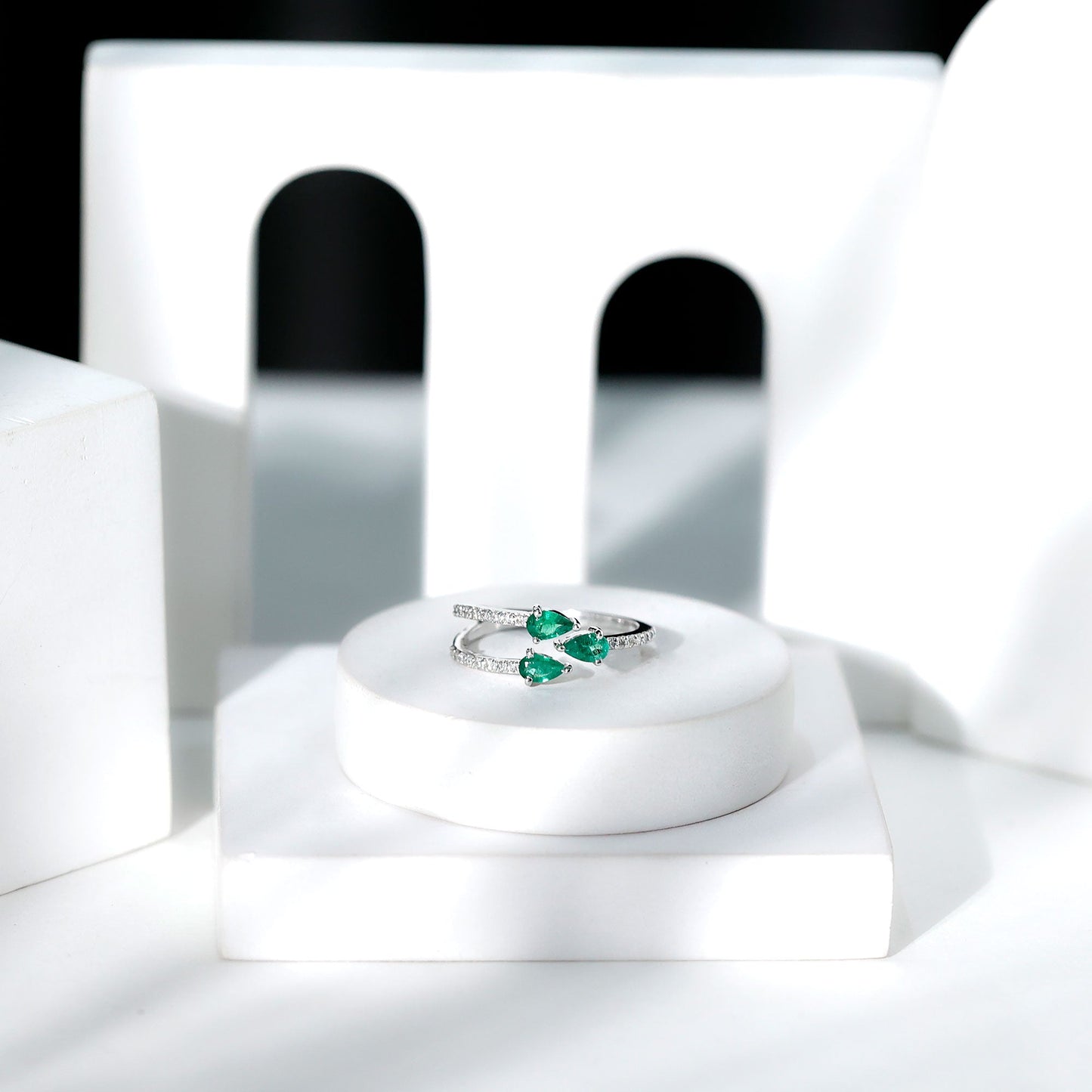 Pear Shaped Emerald and Diamond 3 Stone Statement Ring