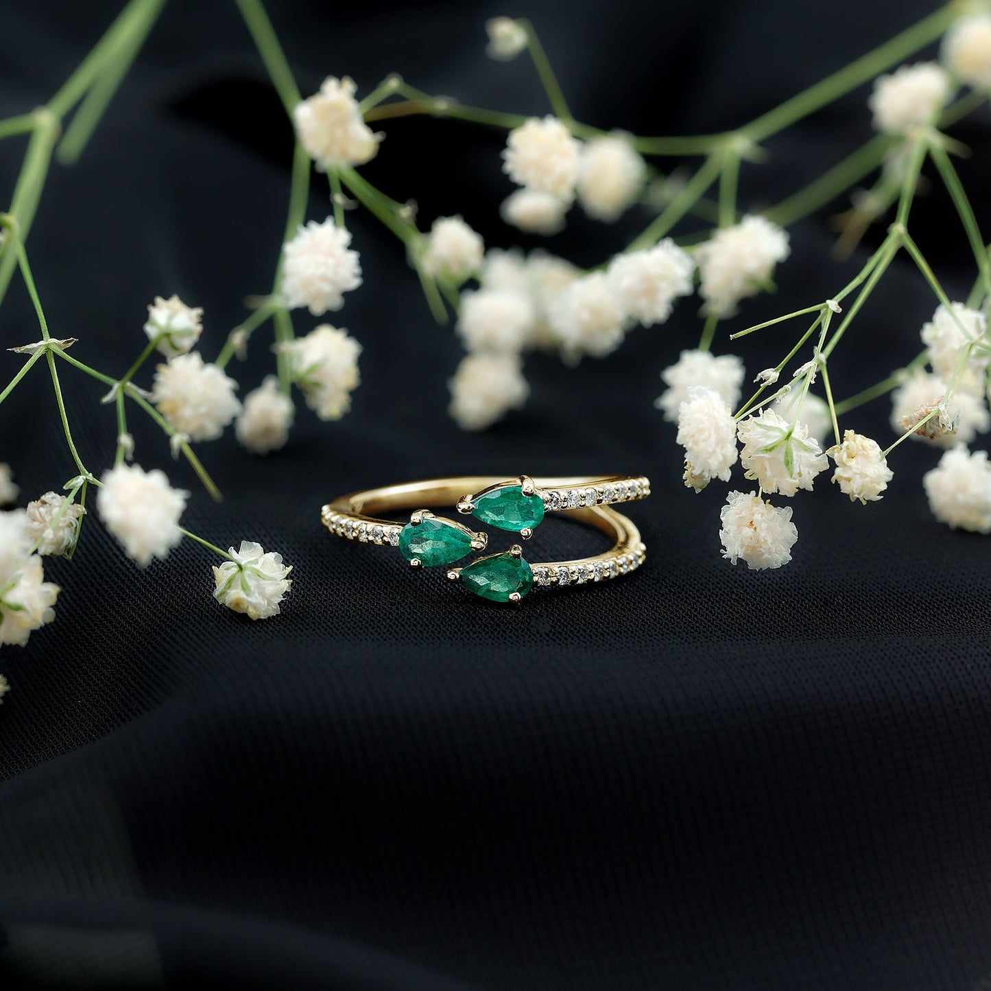 Pear Shaped Emerald and Diamond 3 Stone Statement Ring