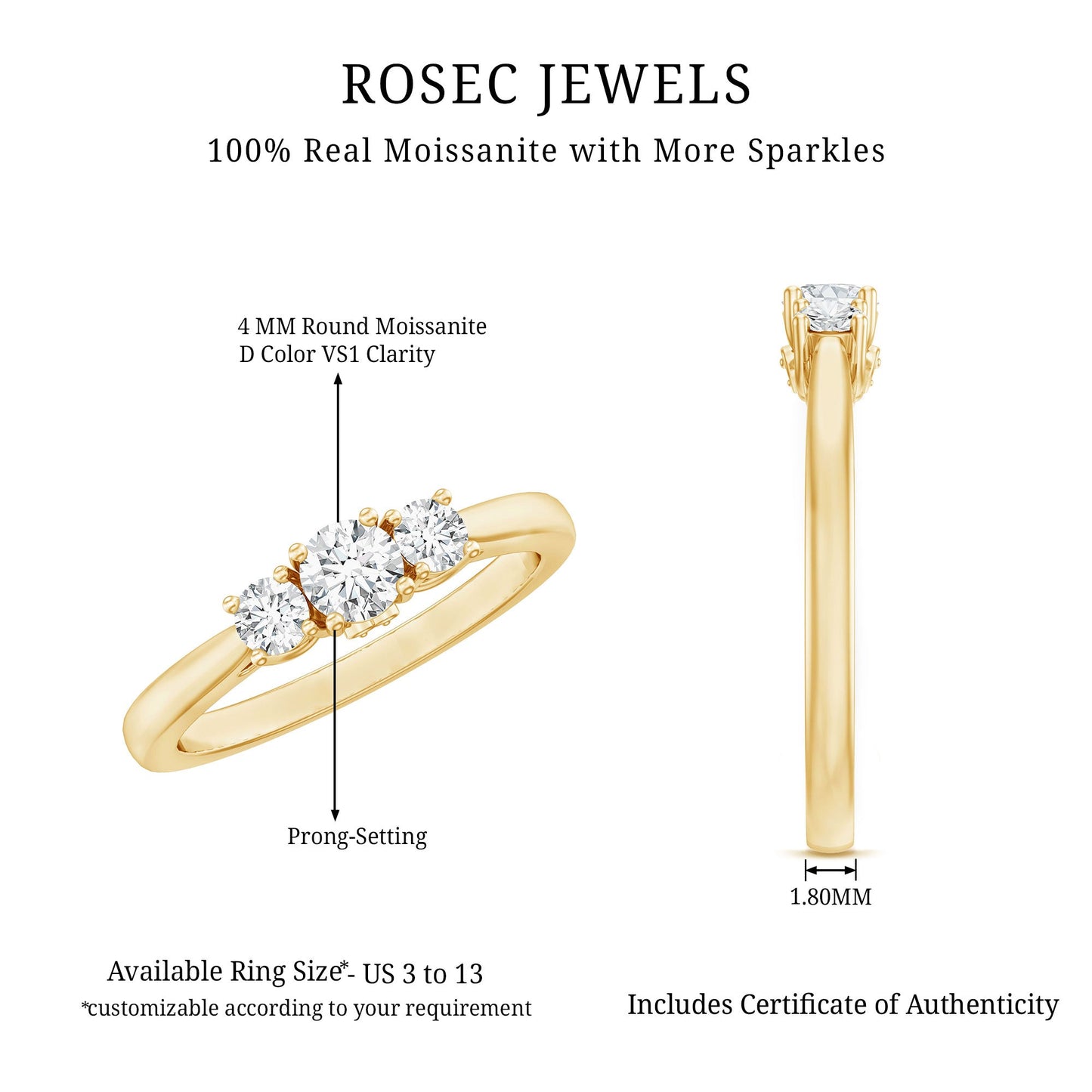 Brilliant Cut Moissanite 3 Stone Promise Ring for Women