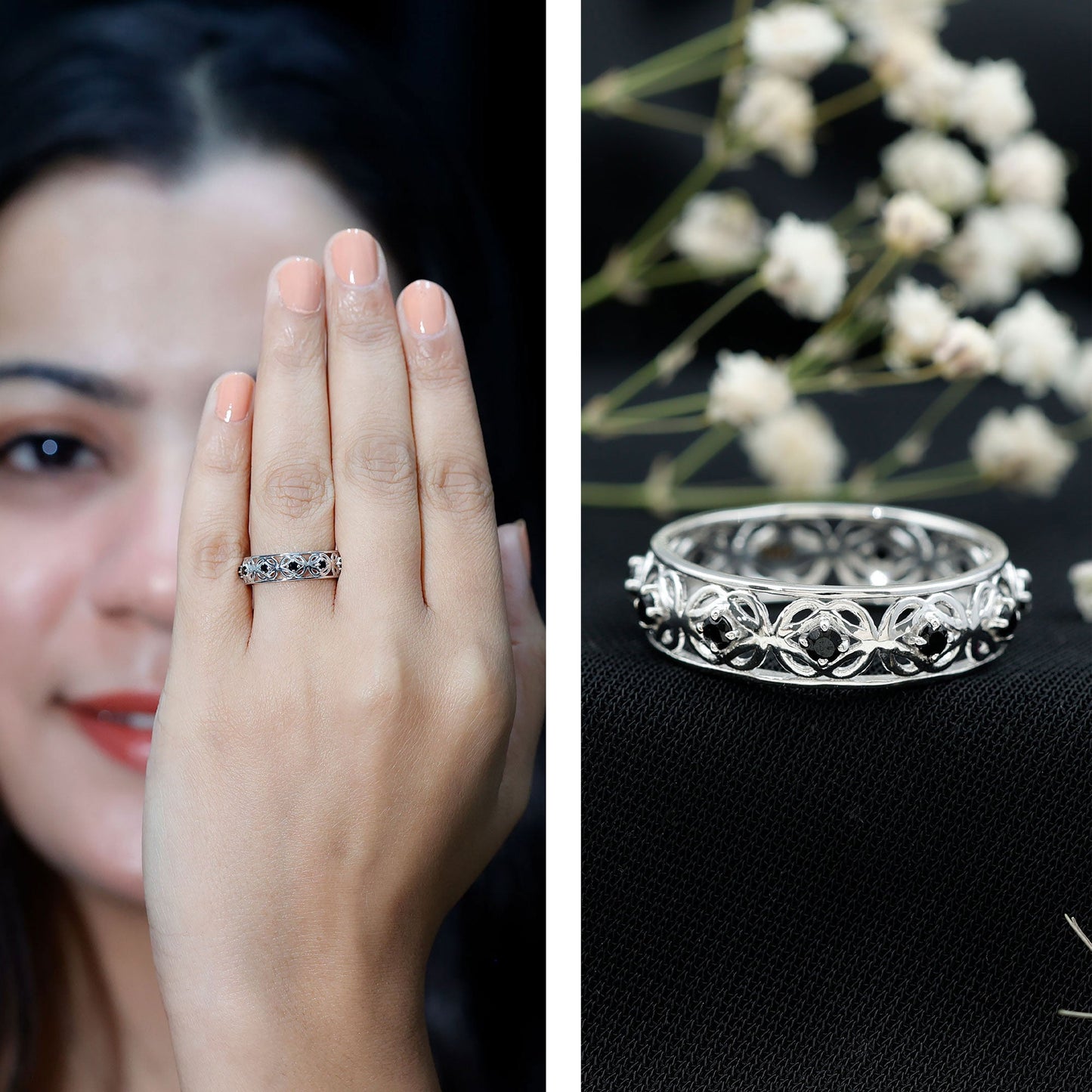 Vintage Inspired Black Spinel Celtic Knot Eternity Band Ring