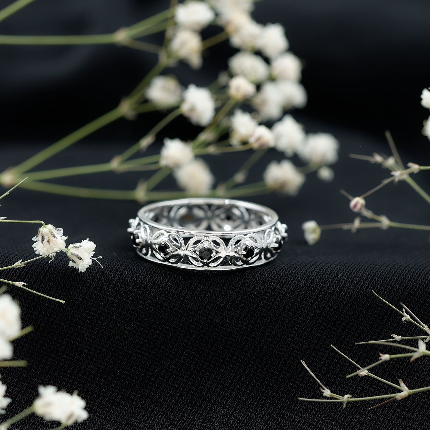 Vintage Inspired Black Spinel Celtic Knot Eternity Band Ring