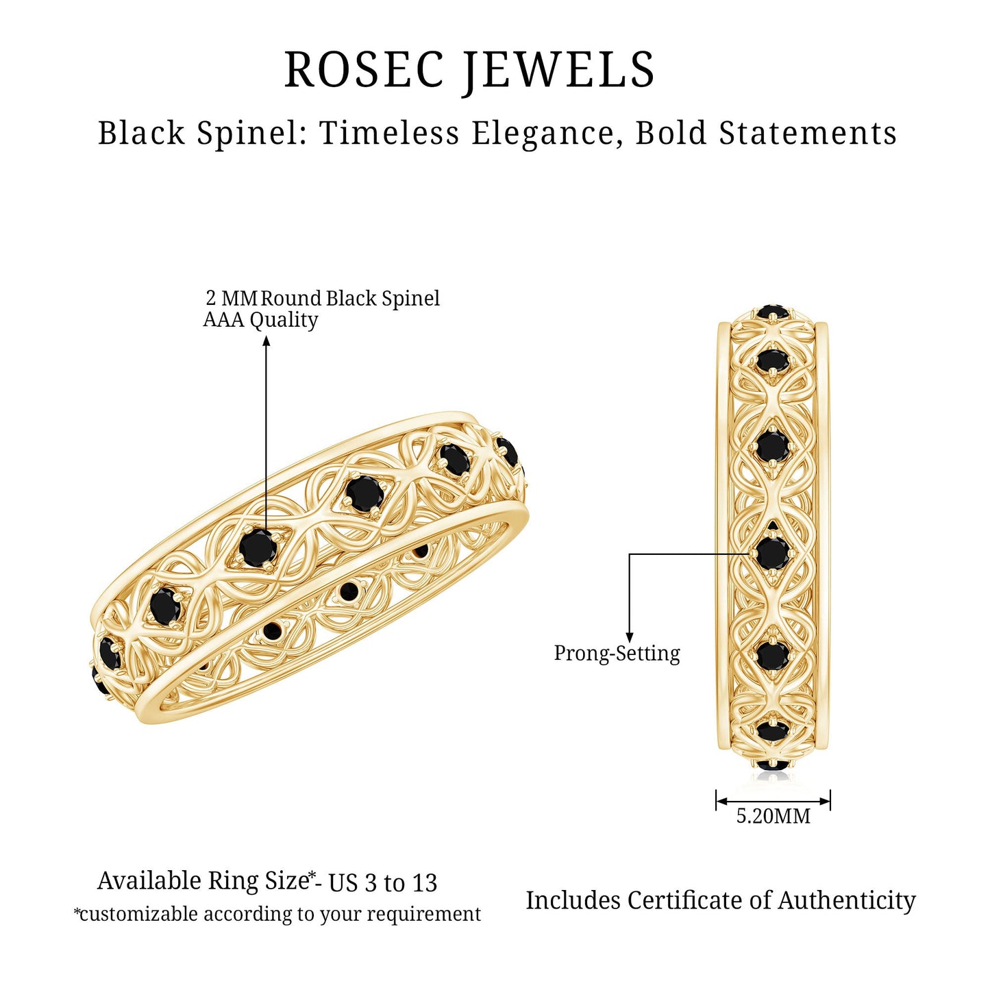 Vintage Inspired Black Spinel Celtic Knot Eternity Band Ring