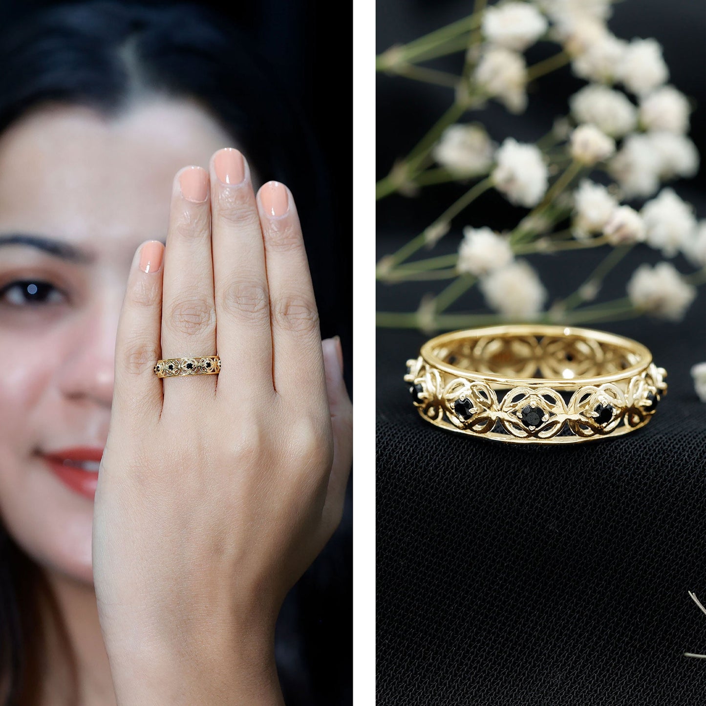 Vintage Inspired Black Spinel Celtic Knot Eternity Band Ring