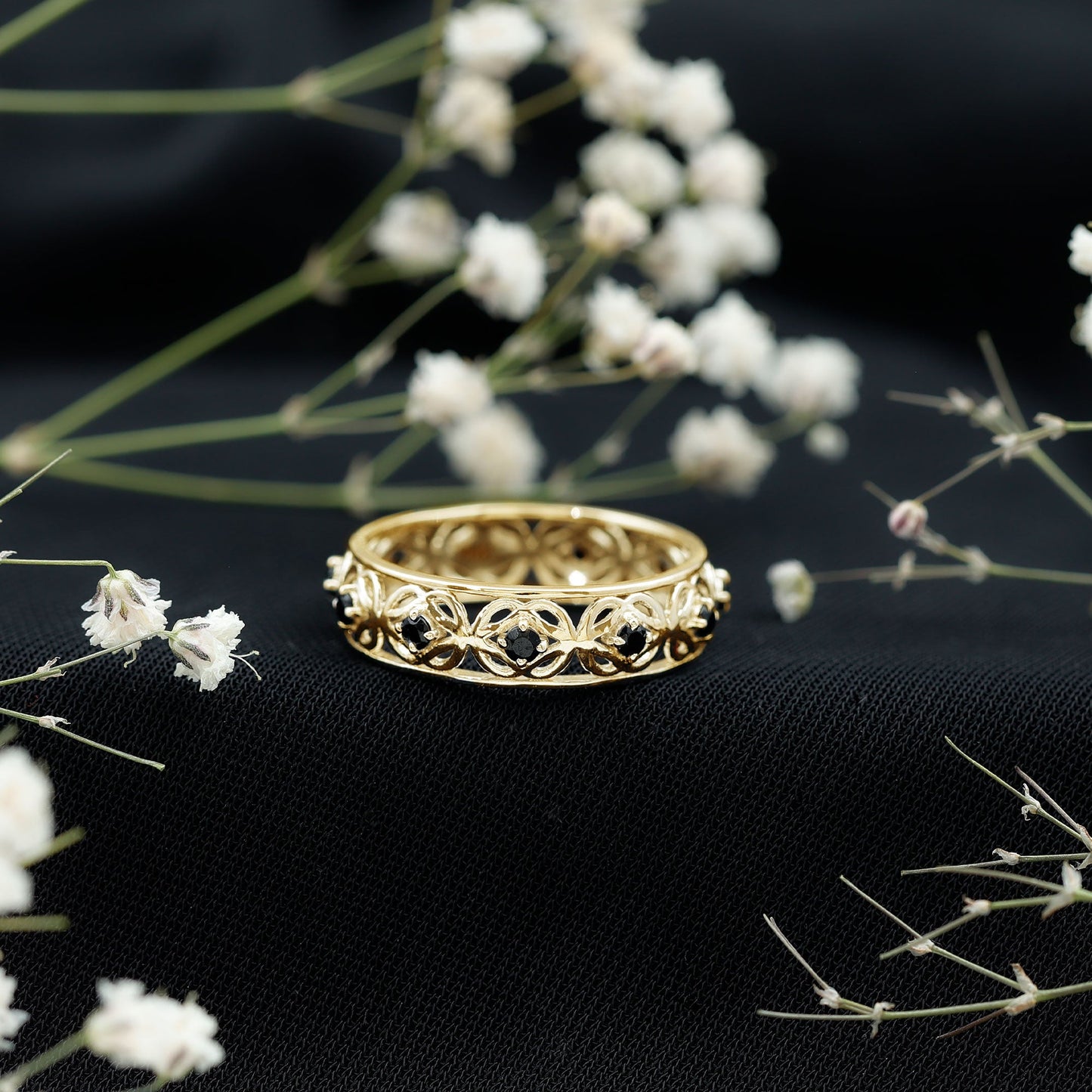 Vintage Inspired Black Spinel Celtic Knot Eternity Band Ring