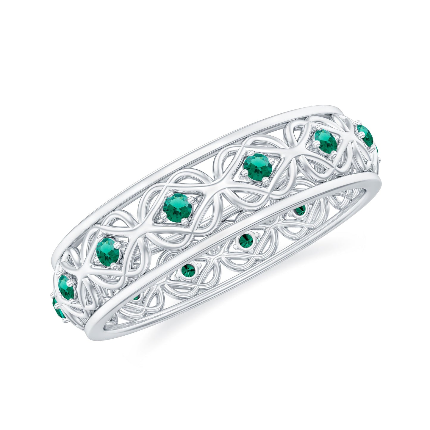Vintage Inspired Lab Grown Emerald Celtic Wedding Band