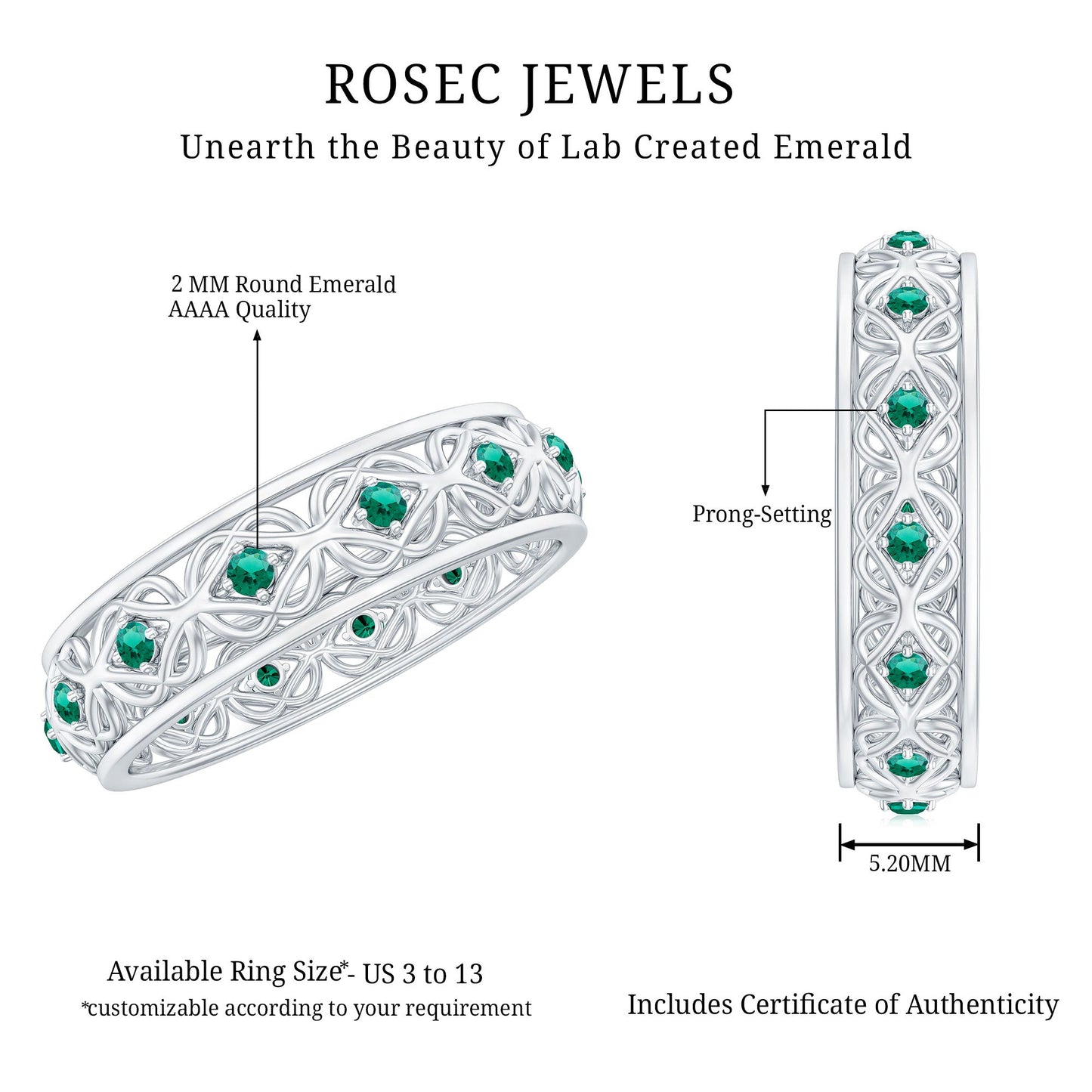 Vintage Inspired Lab Grown Emerald Celtic Wedding Band
