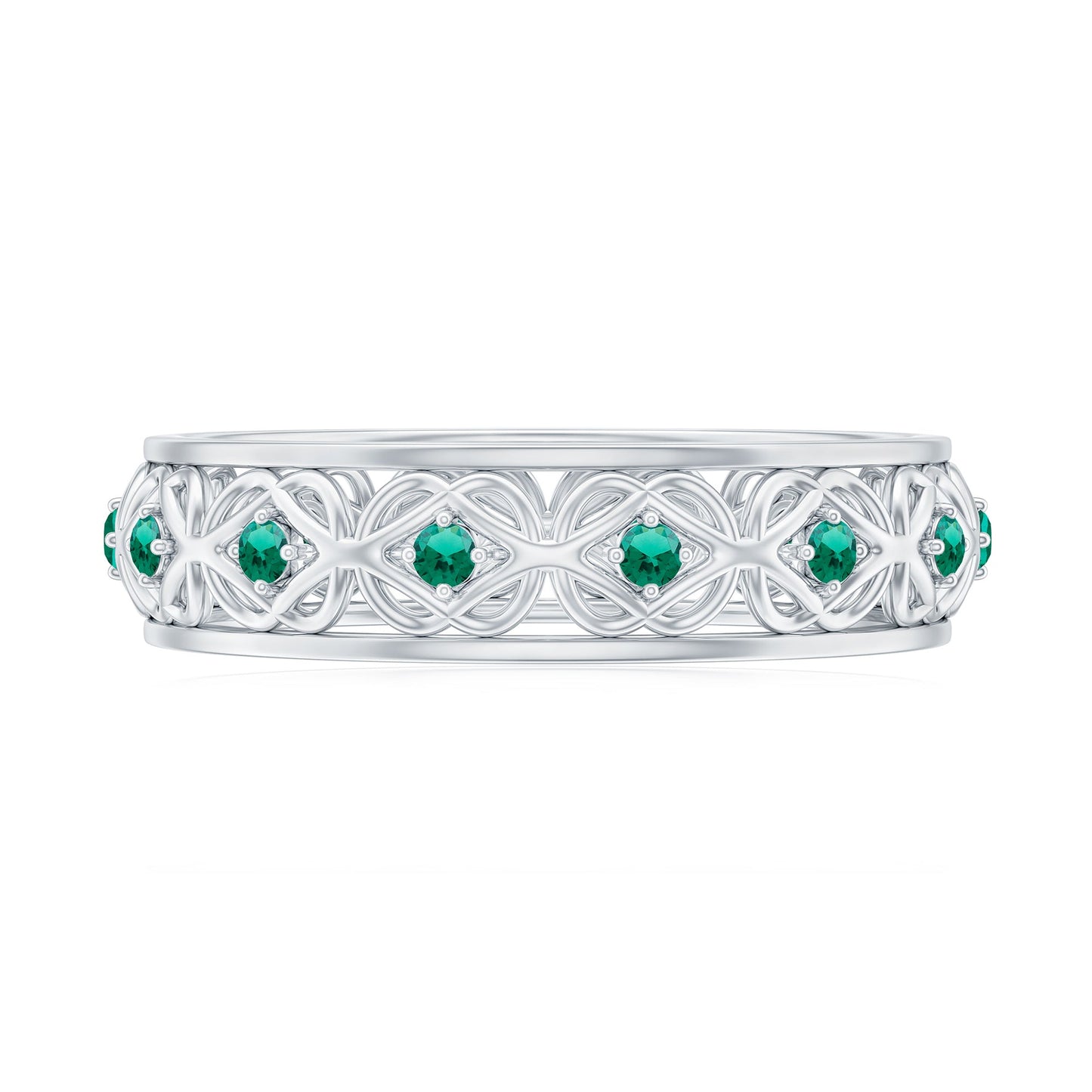 Vintage Inspired Lab Grown Emerald Celtic Wedding Band