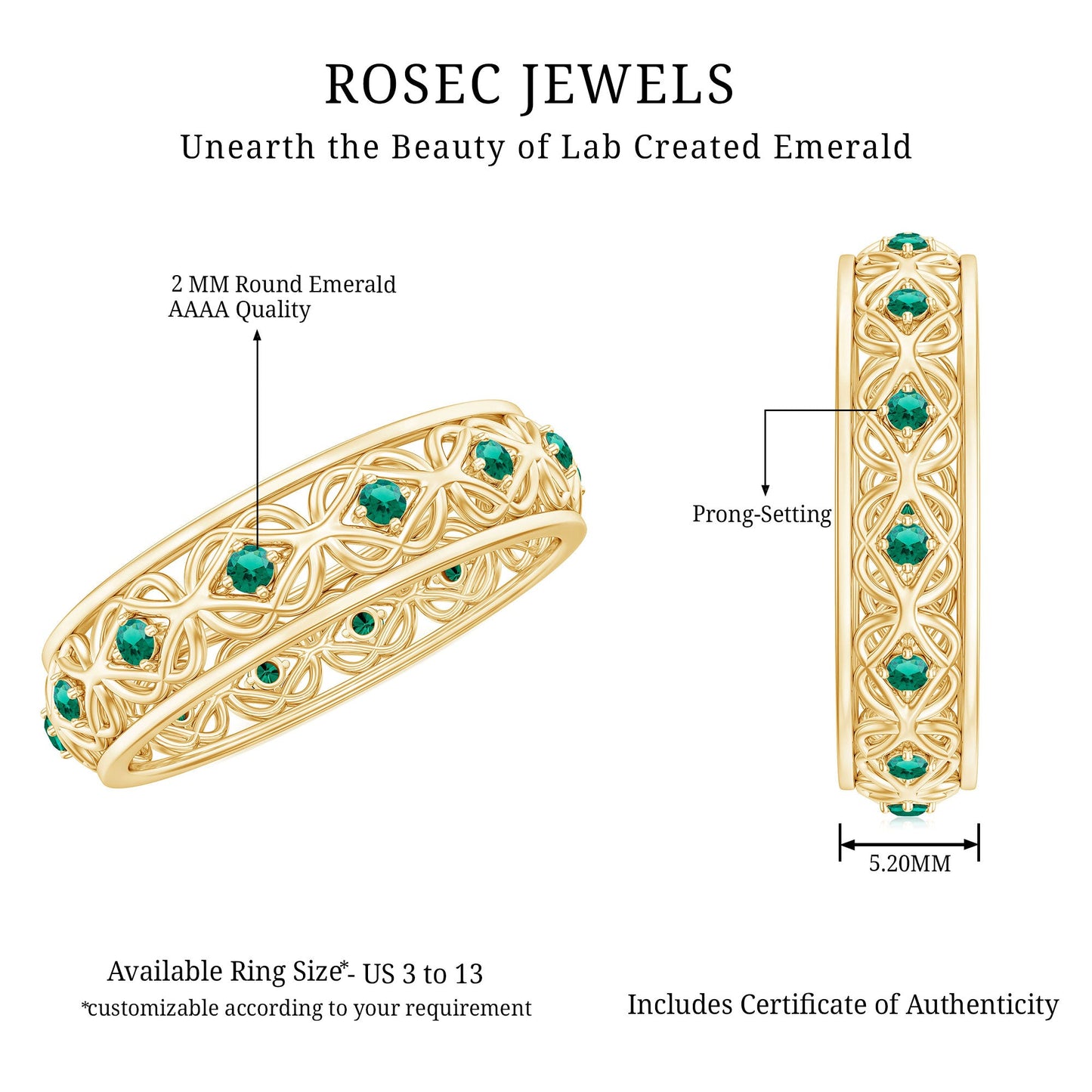 Vintage Inspired Lab Grown Emerald Celtic Wedding Band