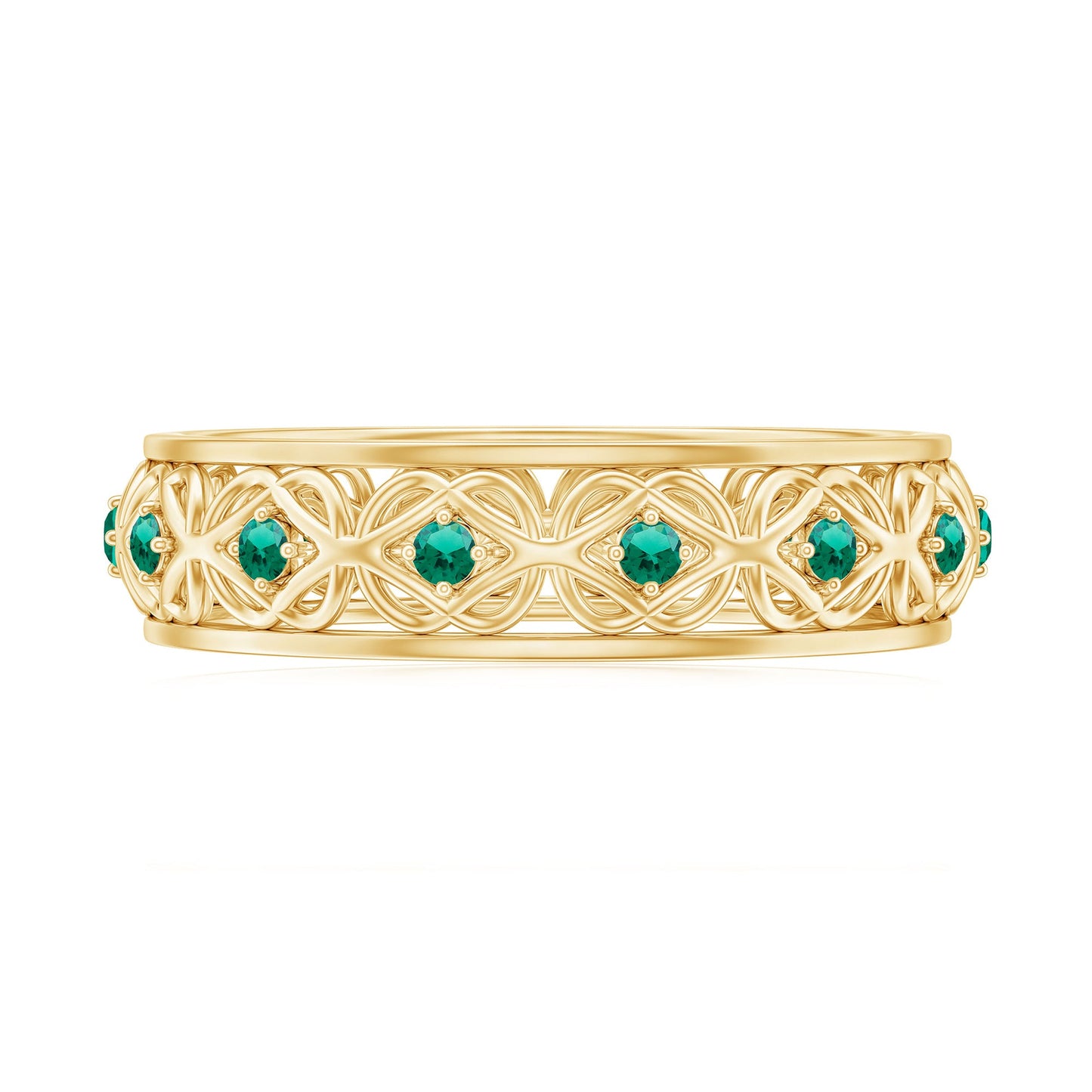 Vintage Inspired Lab Grown Emerald Celtic Wedding Band
