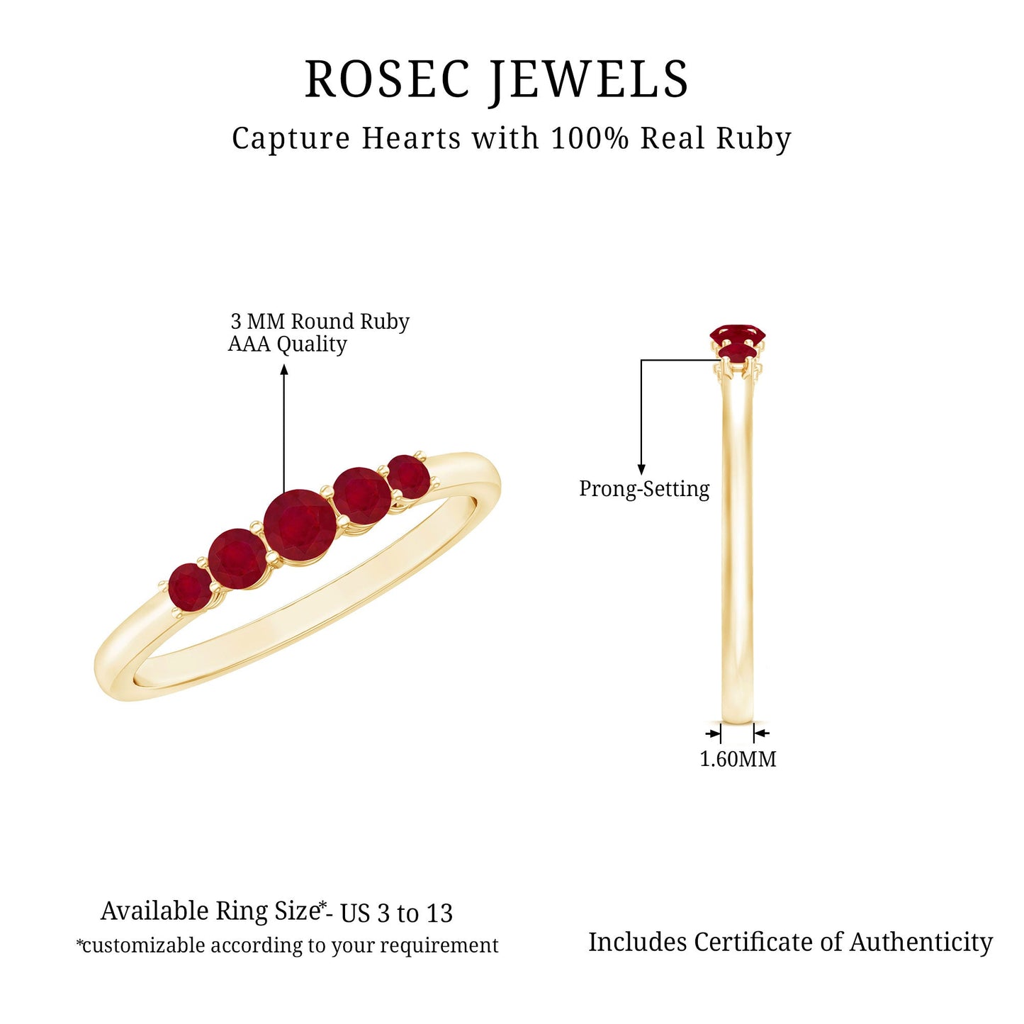 Natural July Birthstone Ruby 5 Stone Ring for Promise