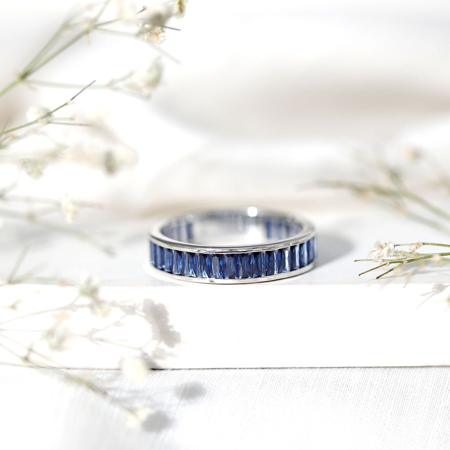 Baguette Shape Lab Created Blue Sapphire Channel Set Eternity Band