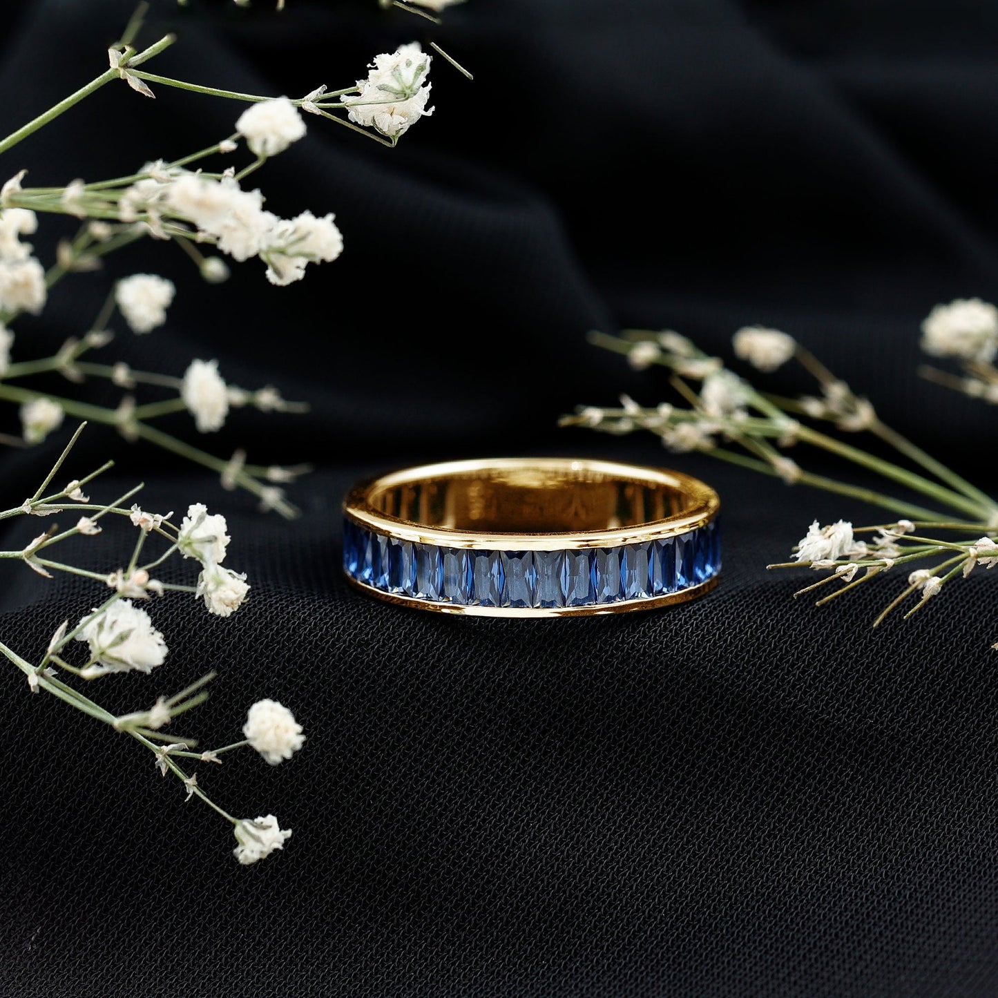 Baguette Shape Lab Created Blue Sapphire Channel Set Eternity Band