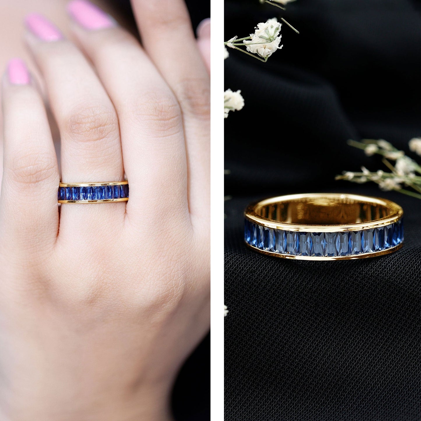 Baguette Shape Lab Created Blue Sapphire Channel Set Eternity Band