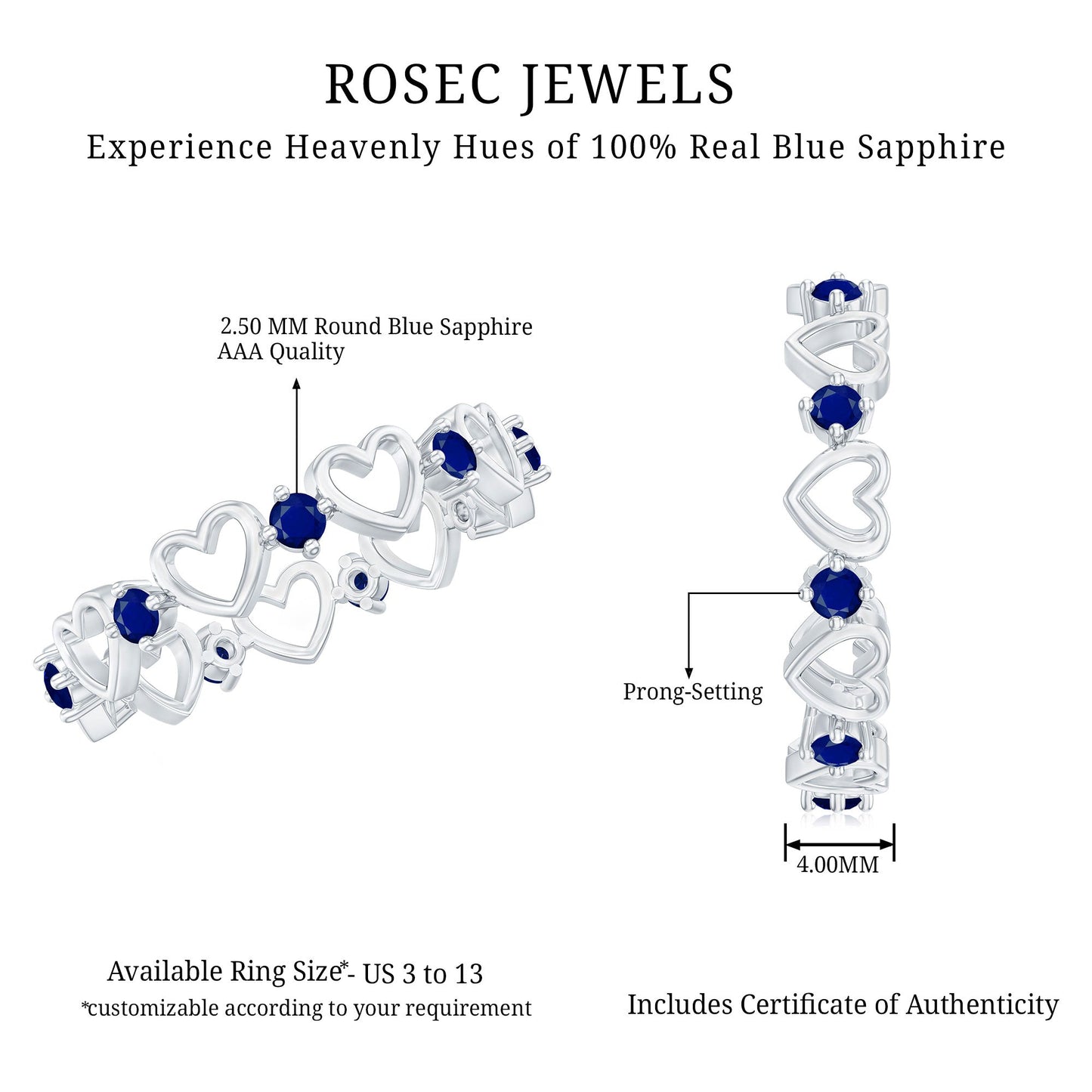 Blue Sapphire Open Heart Wedding Band Ring