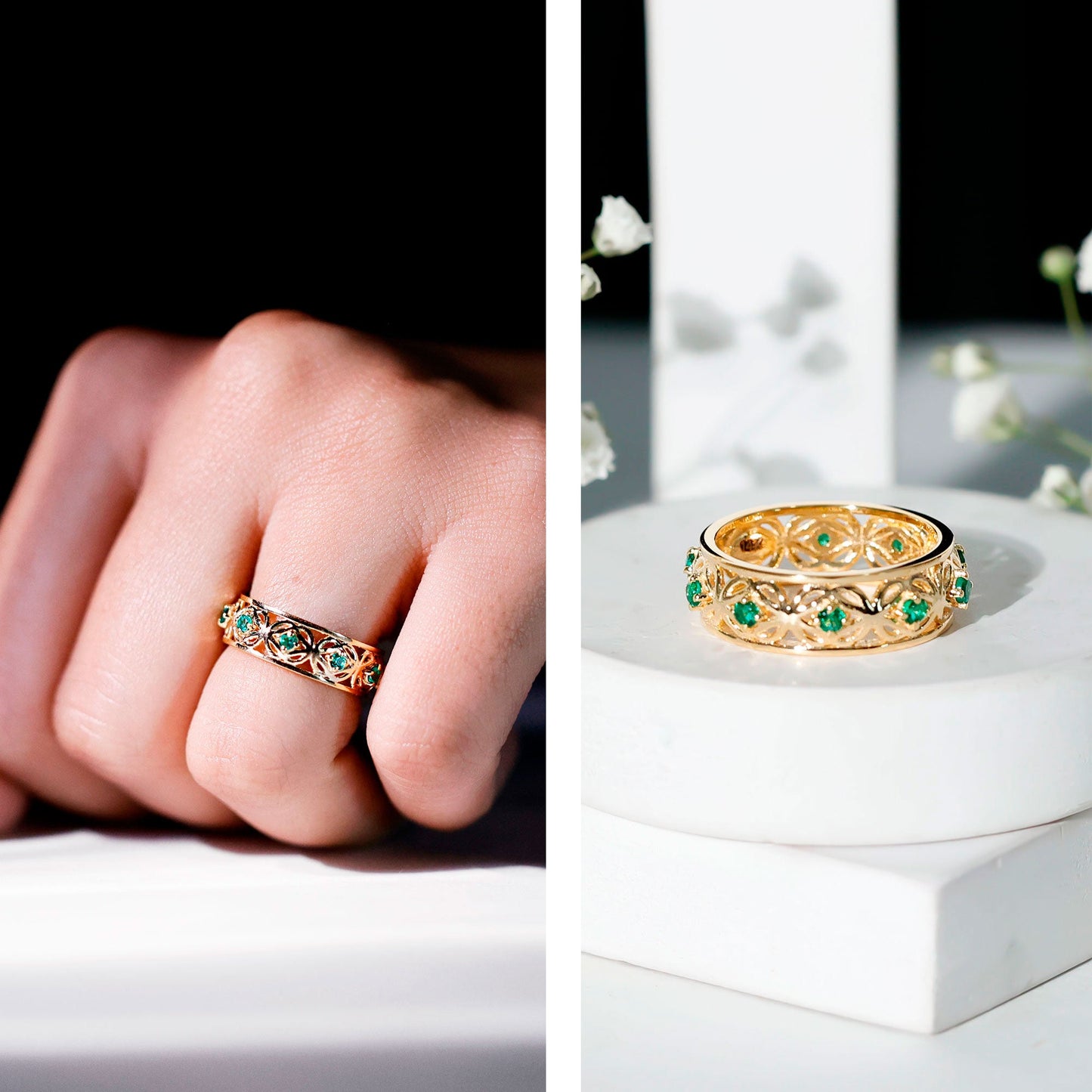 Vintage Looking Lab Grown Emerald Wedding Band for Women