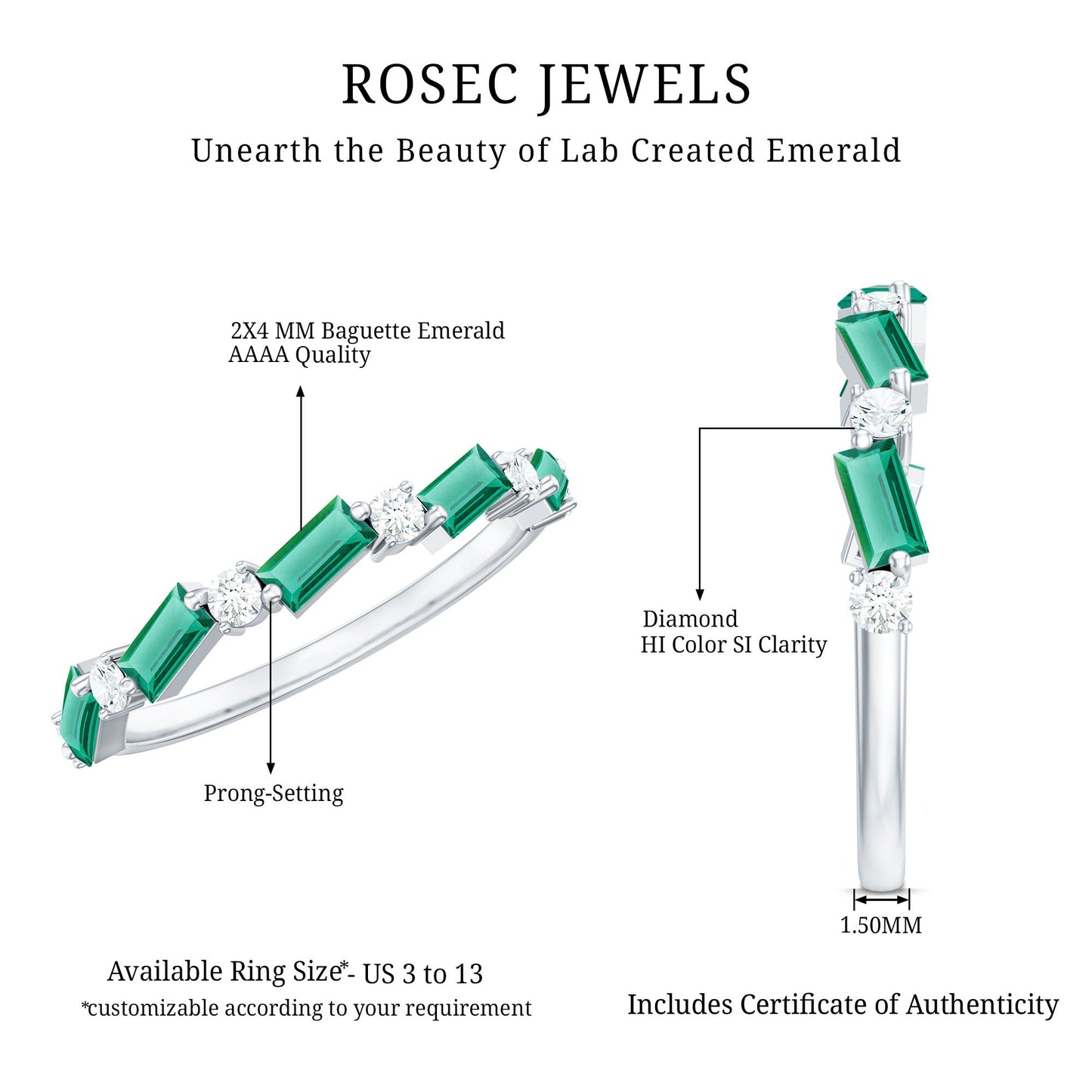 Certified Baguette Lab Grown Emerald Half Eternity Ring with Diamond