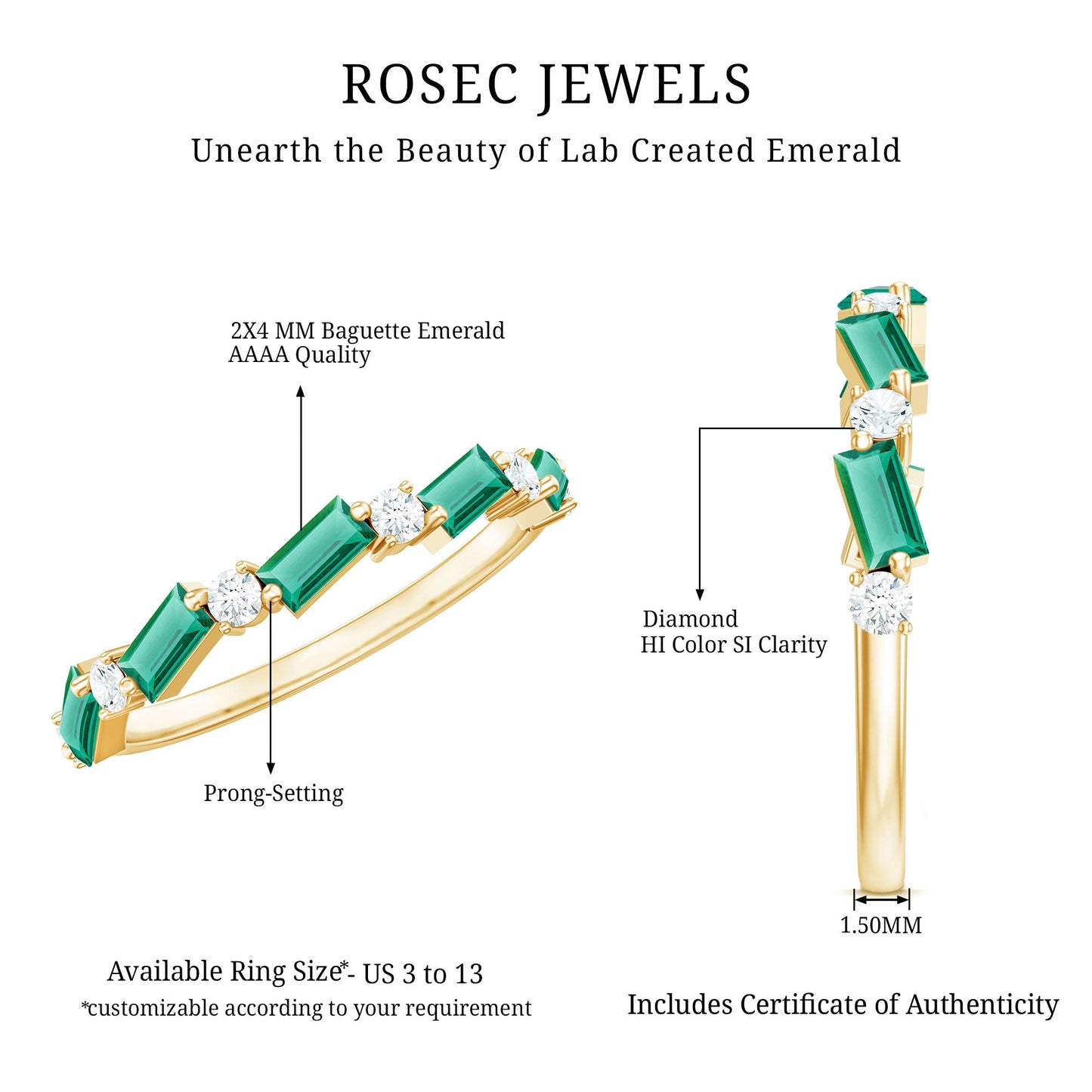 Certified Baguette Lab Grown Emerald Half Eternity Ring with Diamond