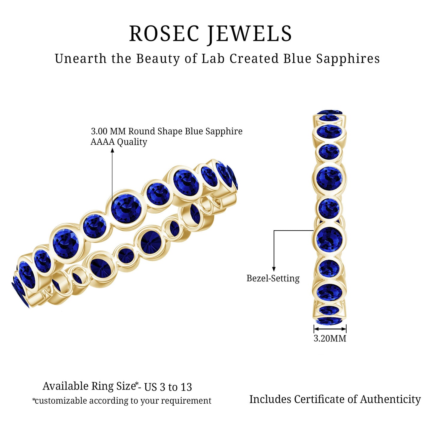 Bezel Set Round Created Blue Sapphire Unique Full Eternity Ring