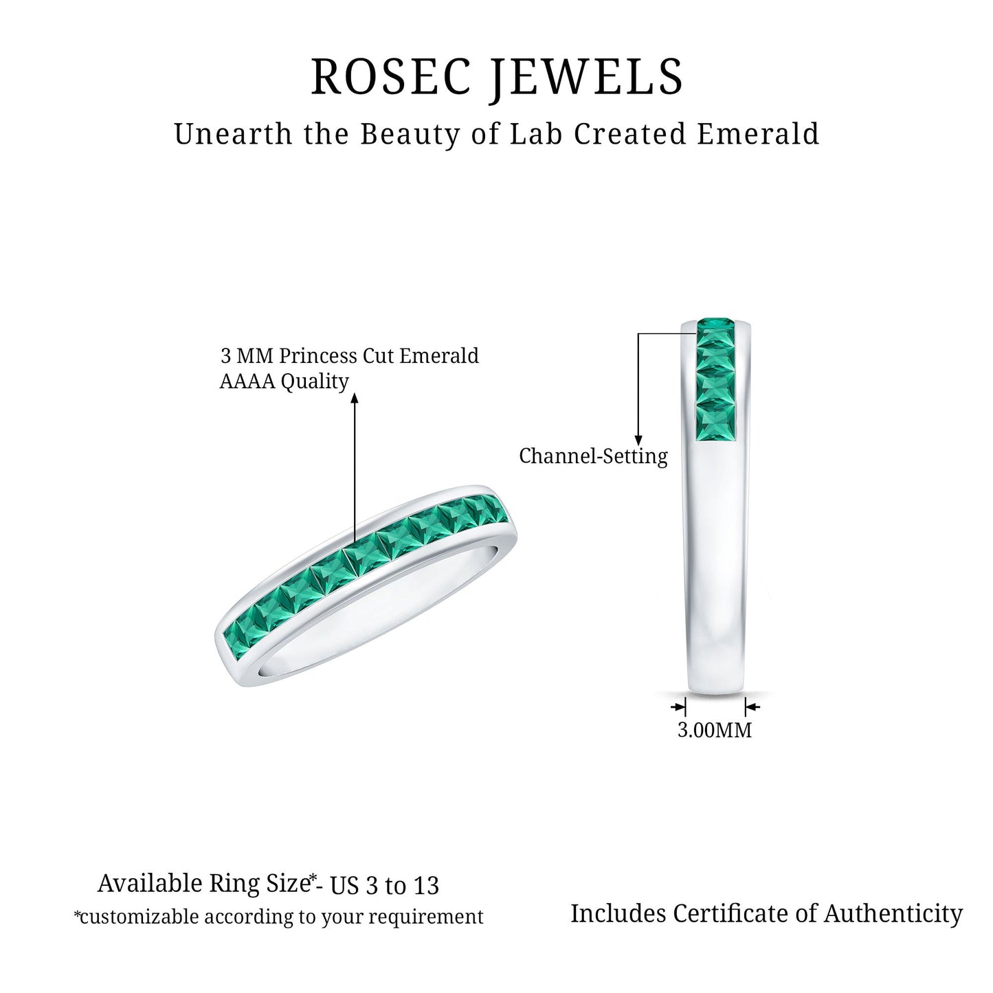 Channel Set Princess Cut Lab Grown Emerald Half Eternity Band with Certificate