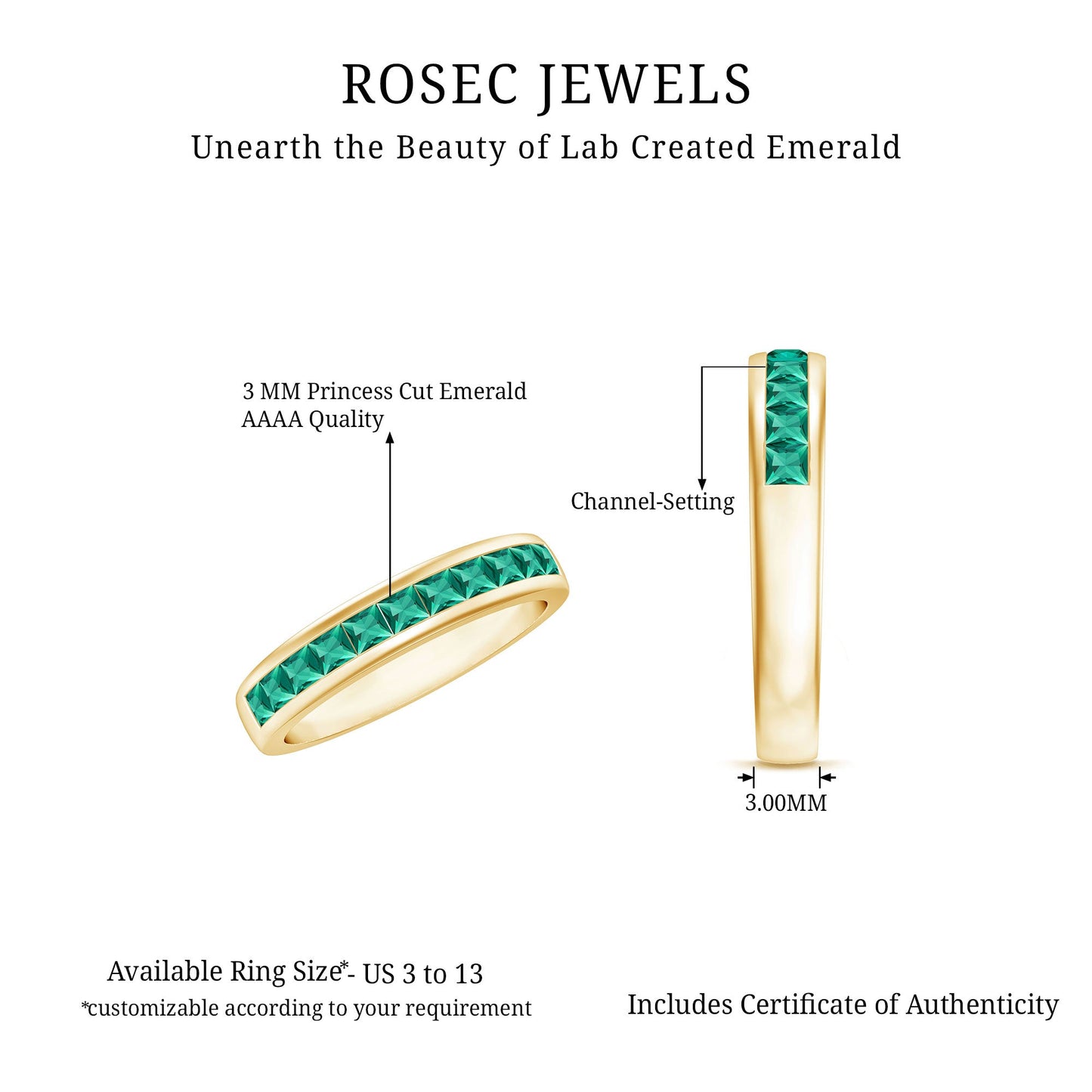 Channel Set Princess Cut Lab Grown Emerald Half Eternity Band with Certificate