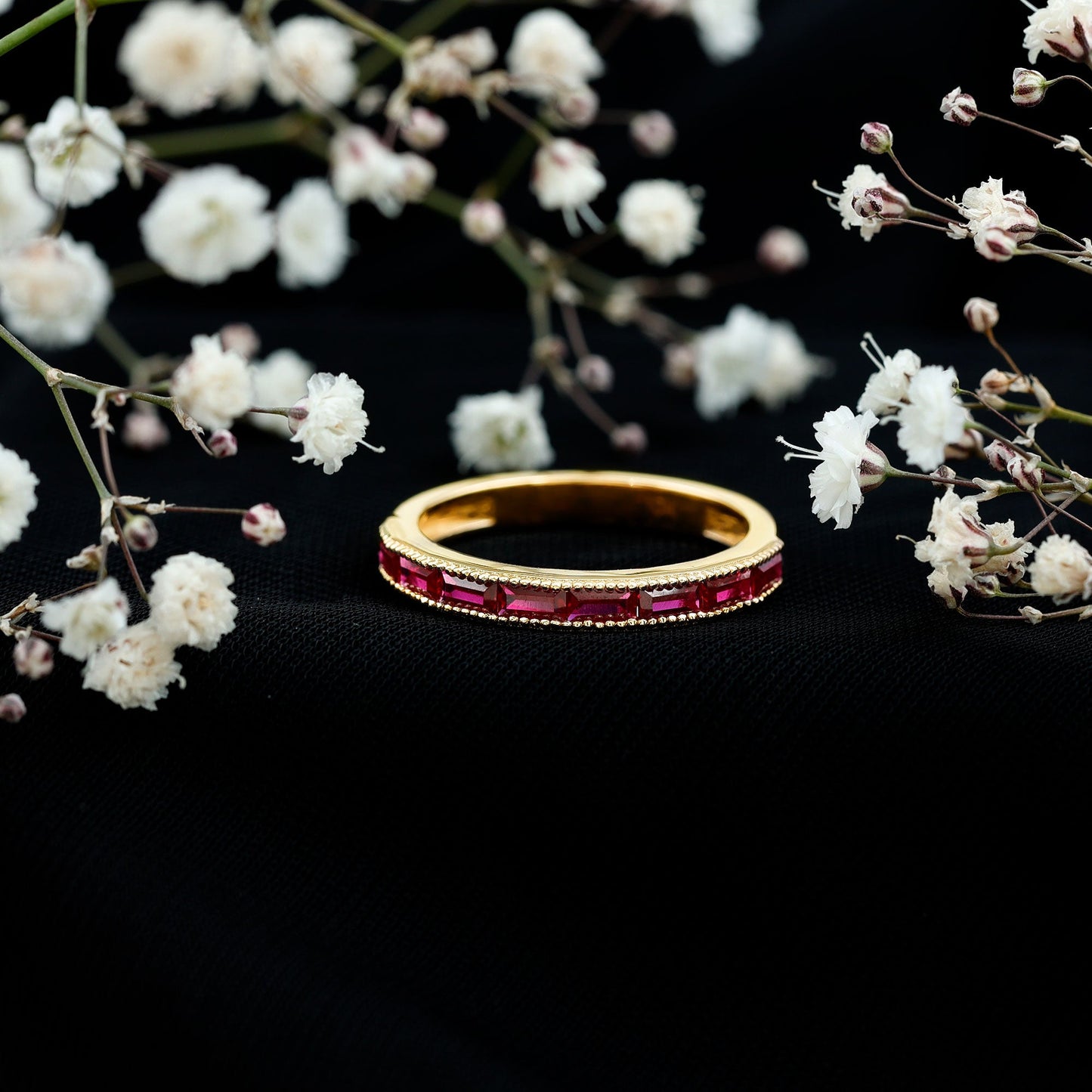 Minimalist Baguette Cut Lab Created Ruby Eternity Ring in Channel Setting