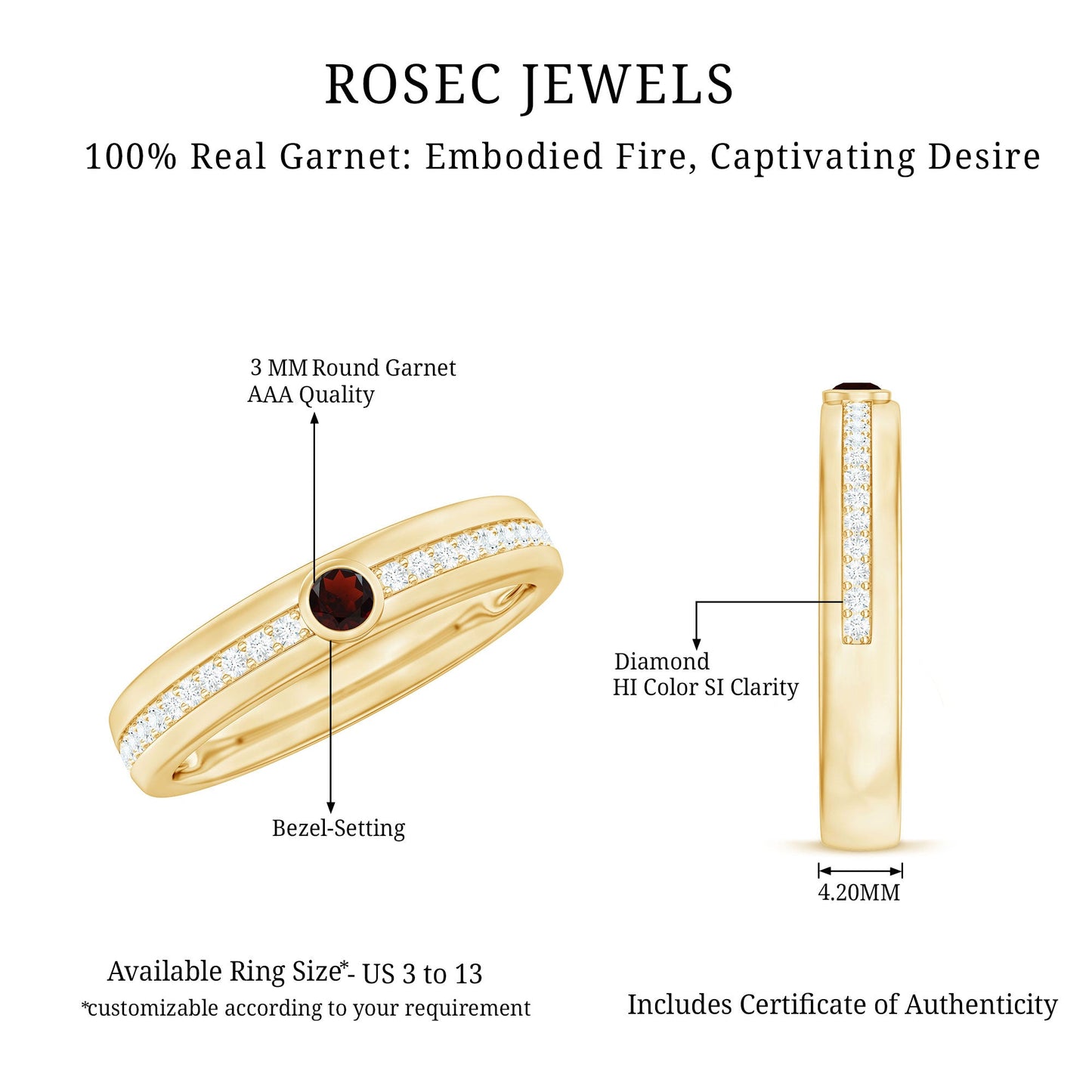 Natural Garnet Diamond Wide Wedding Band