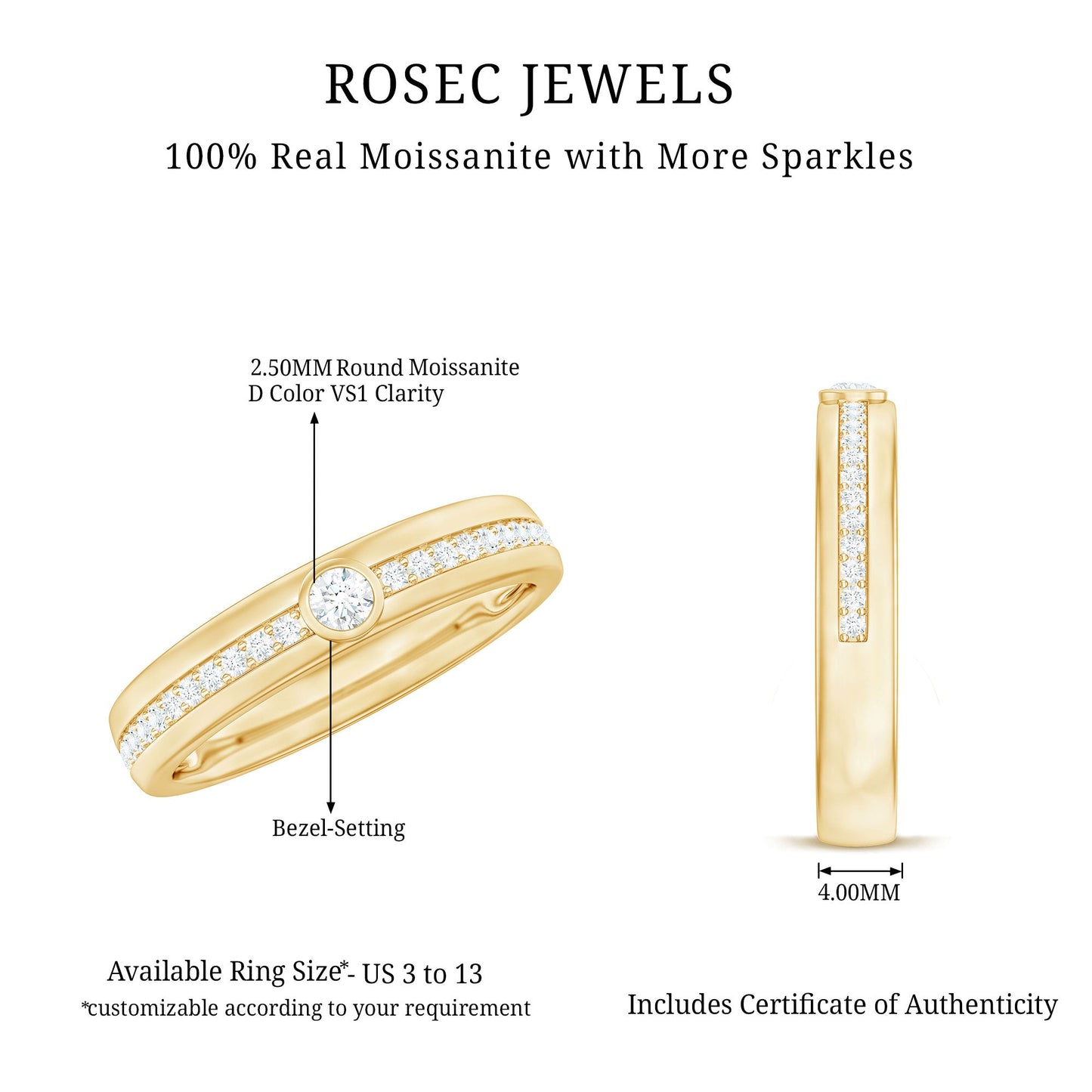 Bezel Set Moissanite Unisex Wedding Band Ring