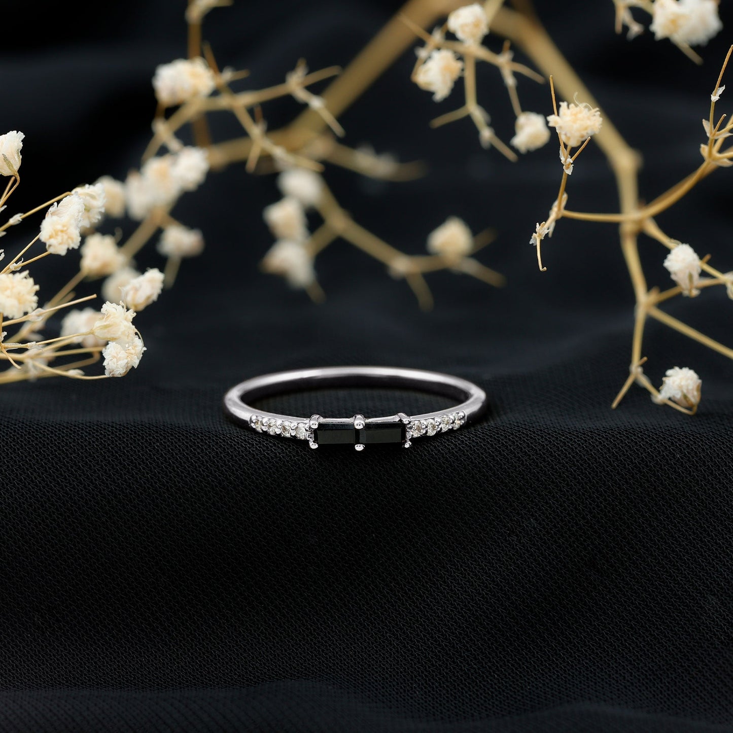 Natural Black Onyx and Diamond Stackable Ring