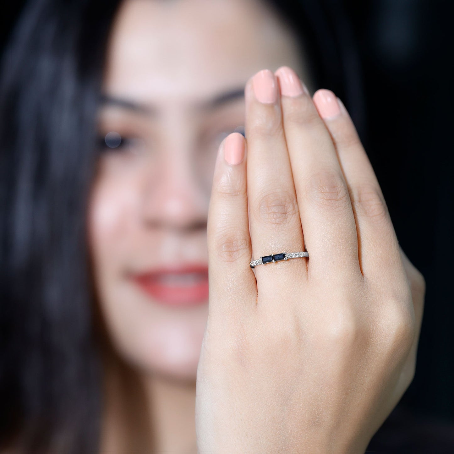 Natural Black Onyx and Diamond Stackable Ring