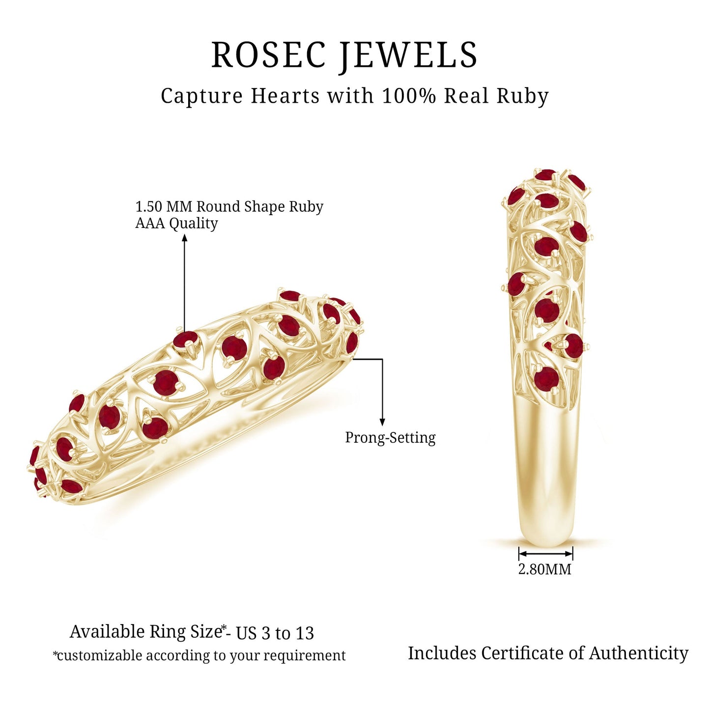 Natural Ruby Filigree Band Ring for Anniversary