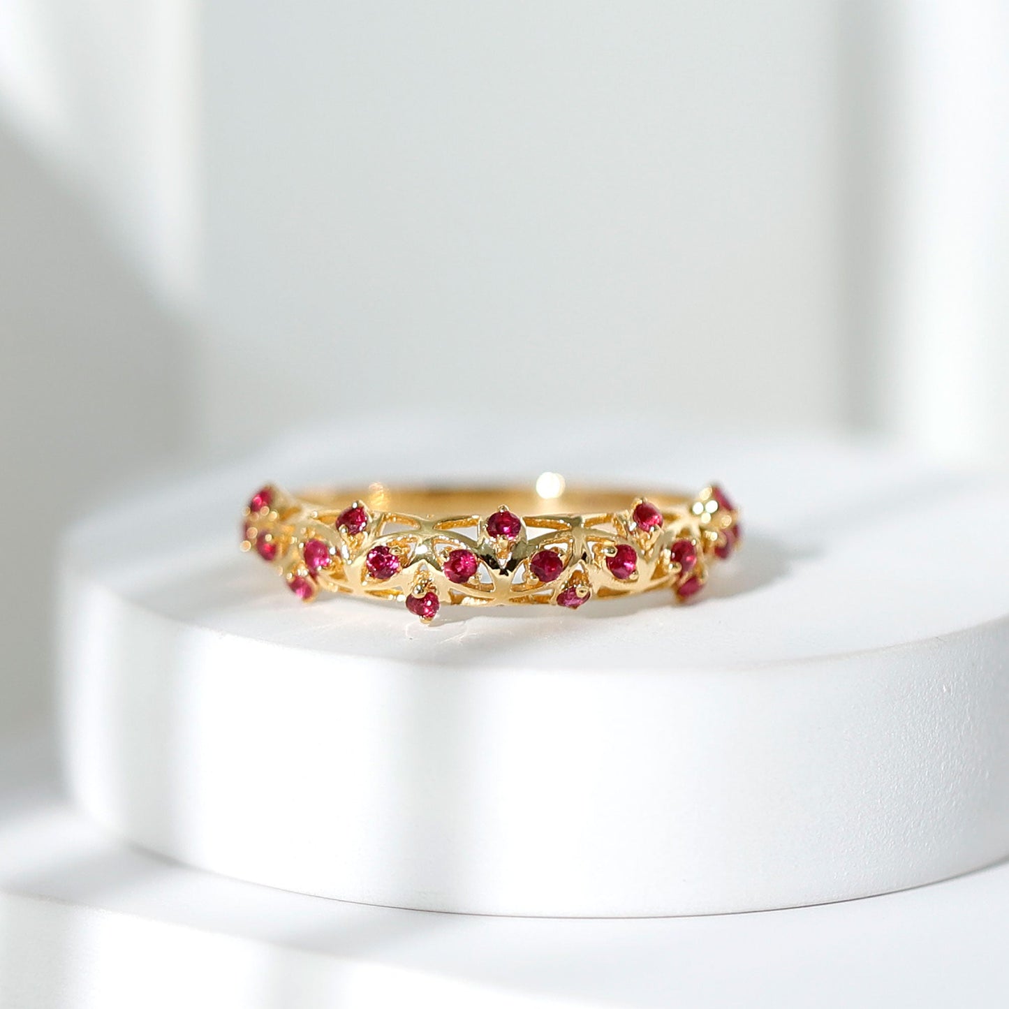 Natural Ruby Filigree Band Ring for Anniversary