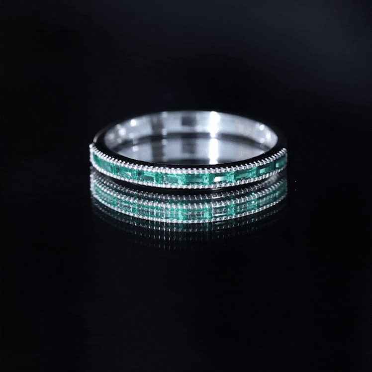 Baguette Cut Lab Grown Emerald Eternity Ring with Beaded Detailing