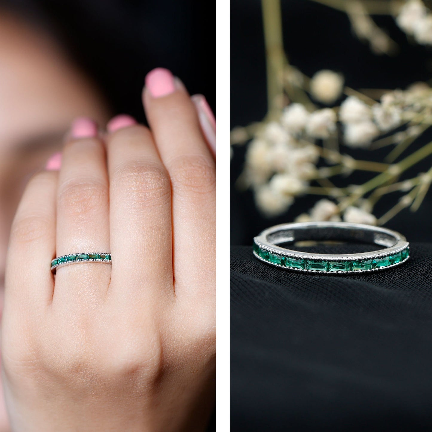 Baguette Cut Lab Grown Emerald Eternity Ring with Beaded Detailing