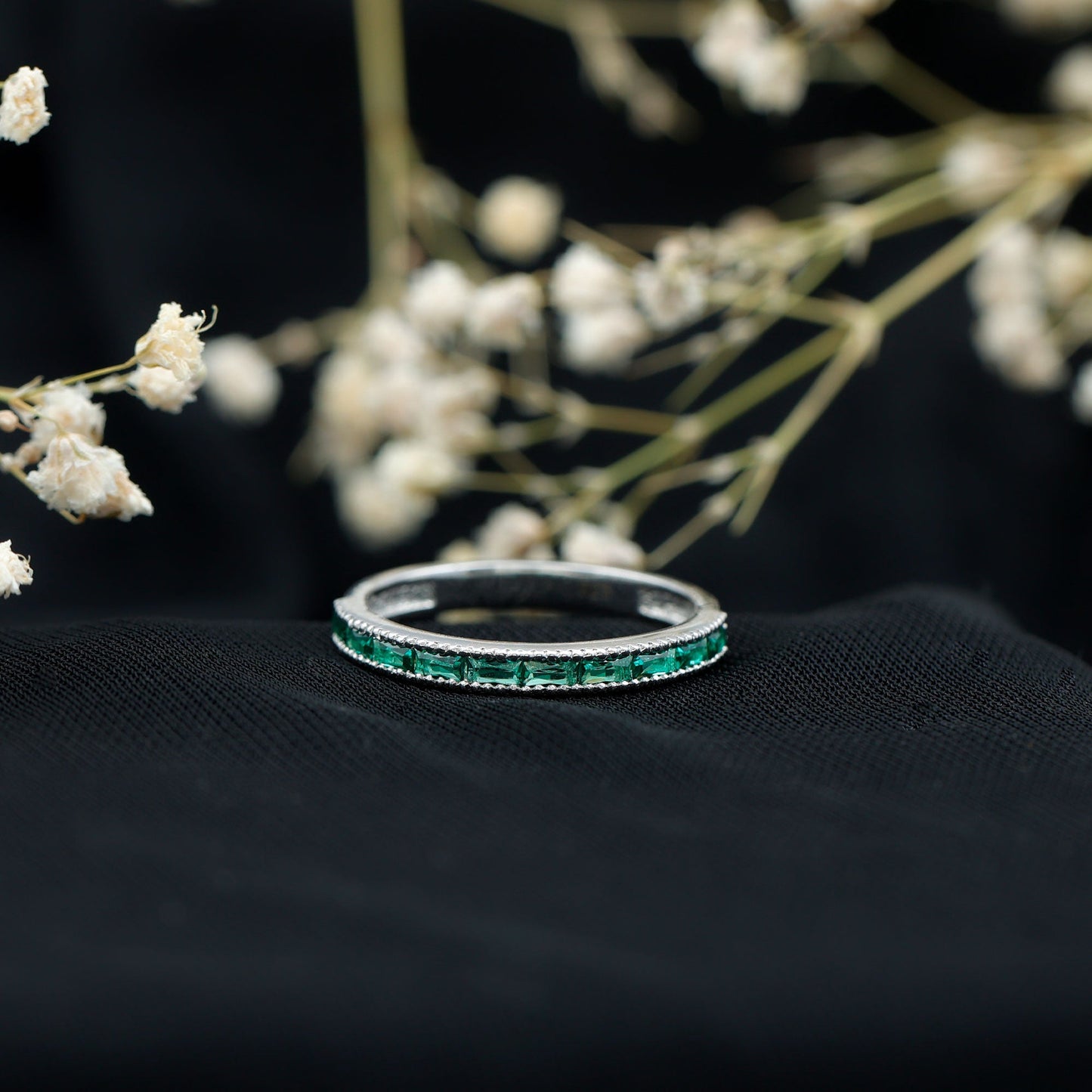 Baguette Cut Lab Grown Emerald Eternity Ring with Beaded Detailing