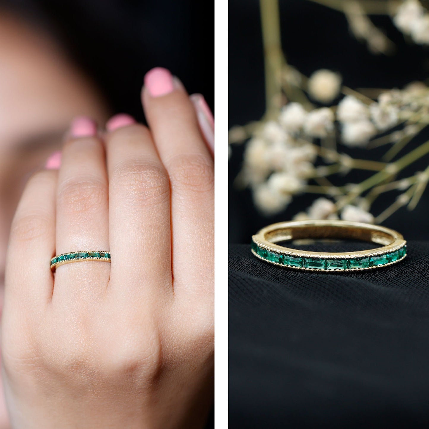 Baguette Cut Lab Grown Emerald Eternity Ring with Beaded Detailing