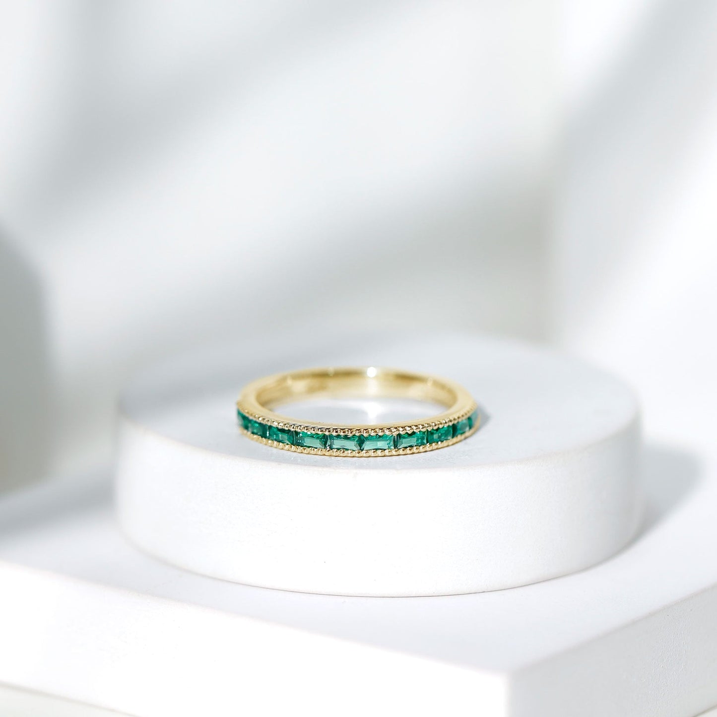 Baguette Cut Lab Grown Emerald Eternity Ring with Beaded Detailing
