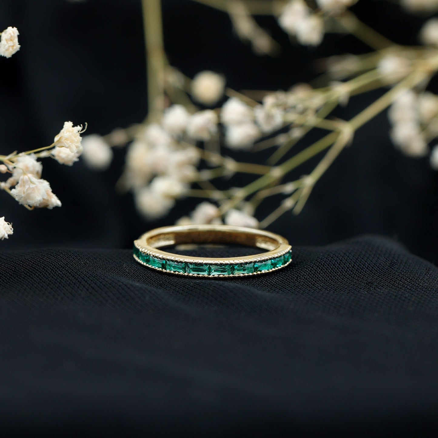 Baguette Cut Lab Grown Emerald Eternity Ring with Beaded Detailing