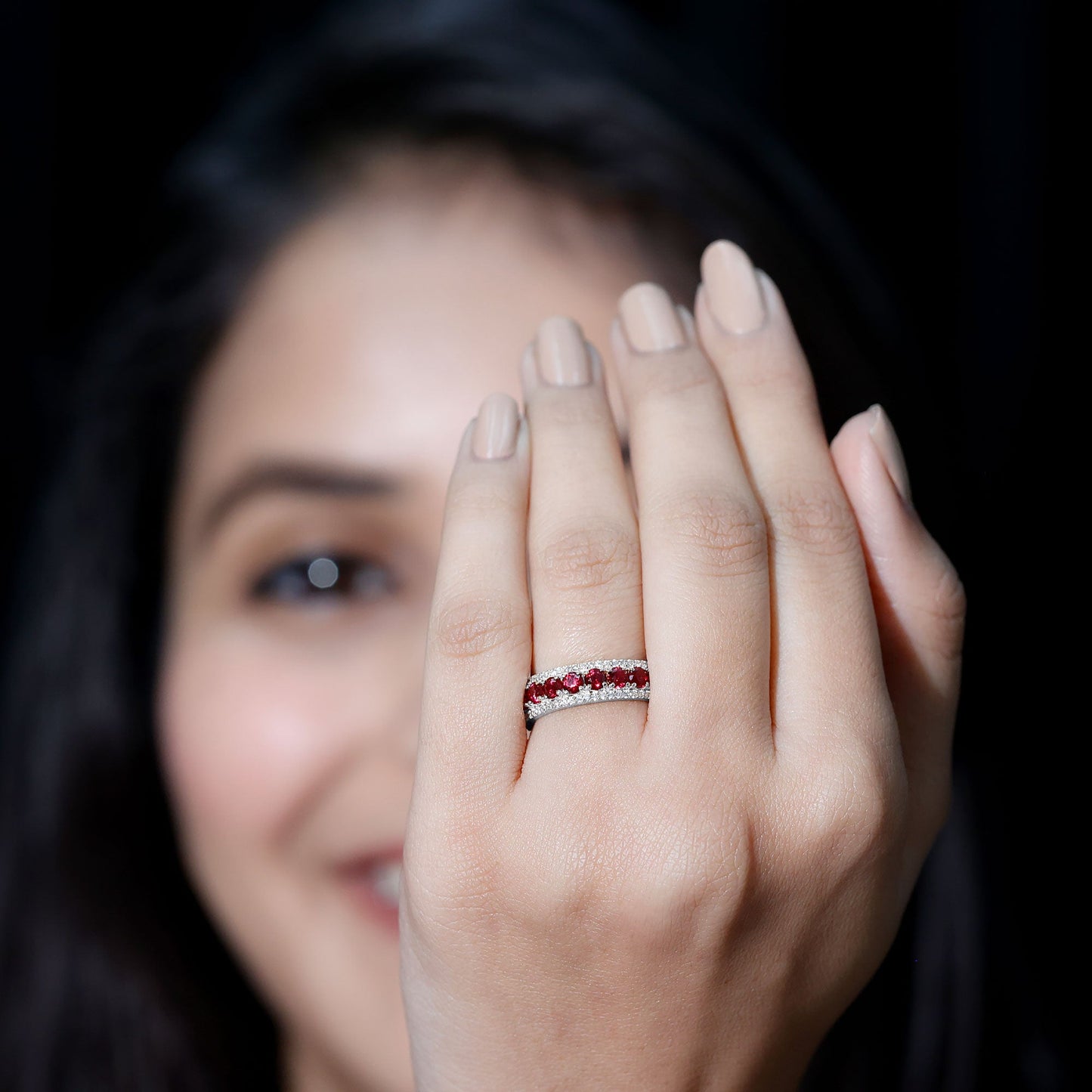 Lab Created Ruby and Diamond Wedding Anniversary Band with Certificate