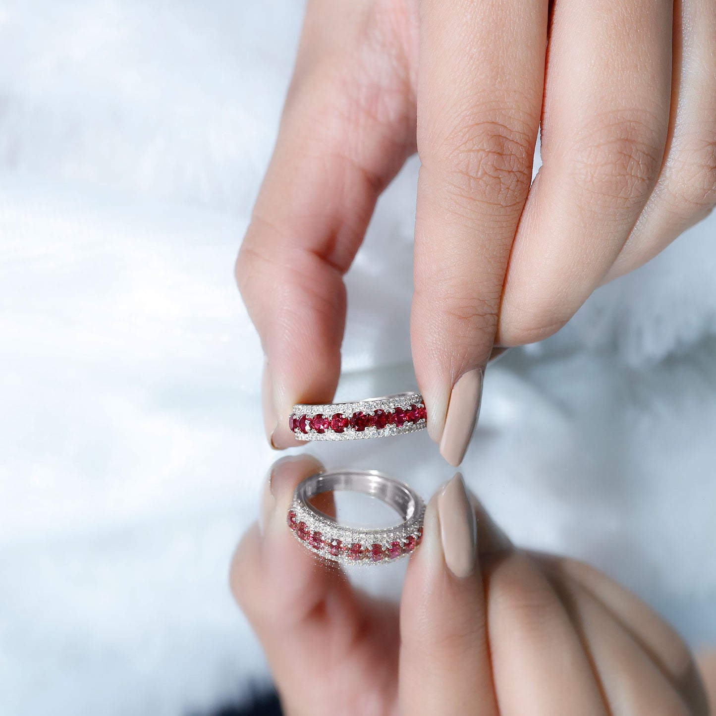Lab Created Ruby and Diamond Wedding Anniversary Band with Certificate