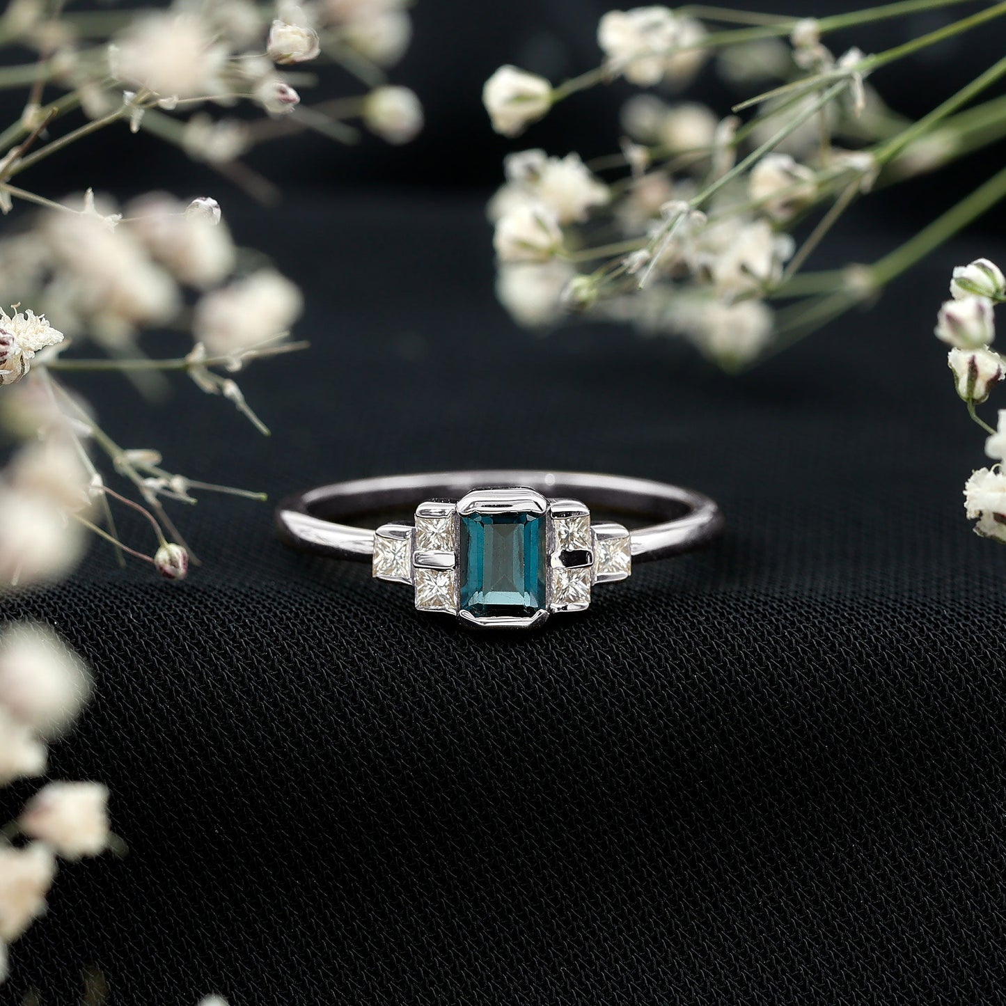 0.7 Carat Emerald Cut London Blue Topaz Statement Ring with Diamond