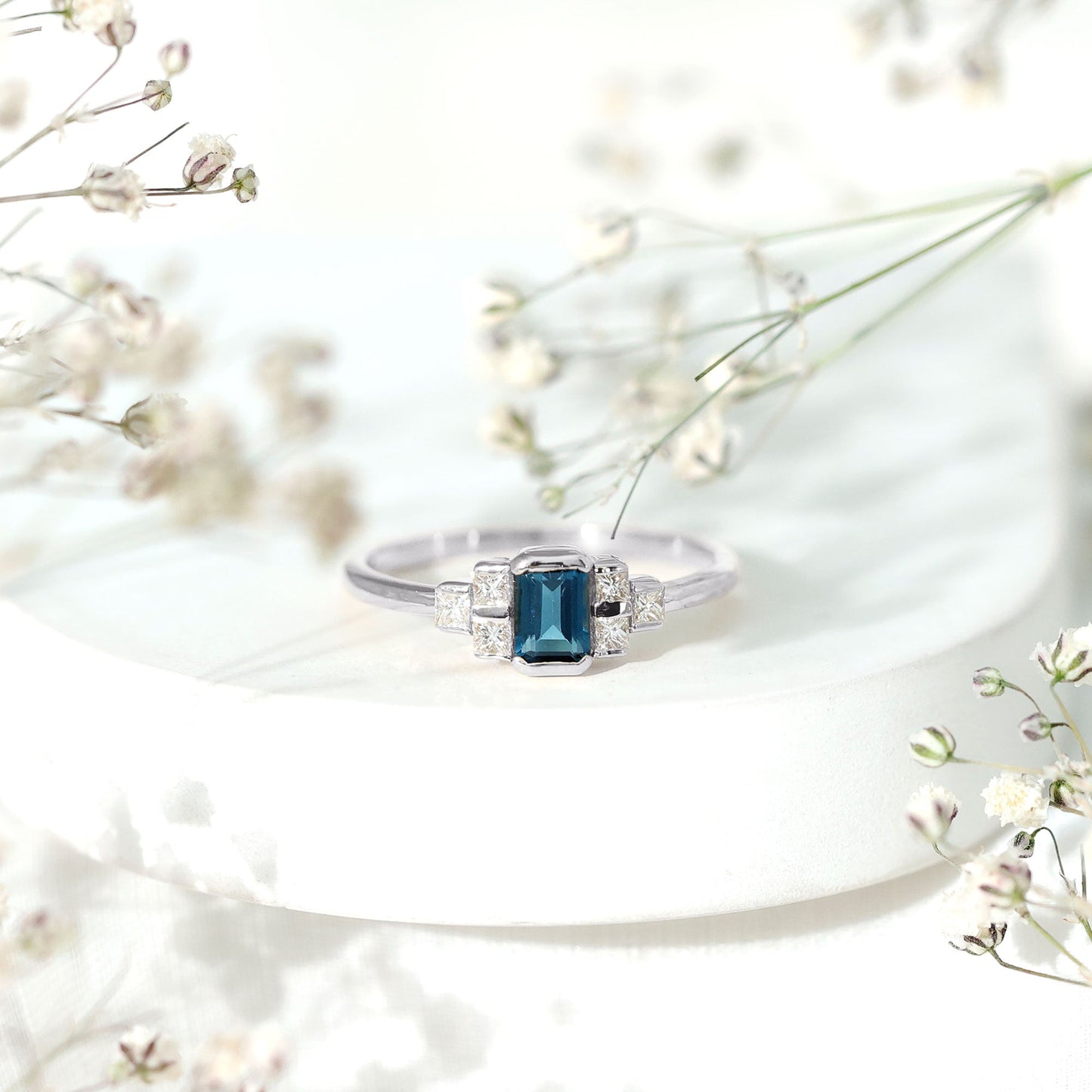 0.7 Carat Emerald Cut London Blue Topaz Statement Ring with Diamond