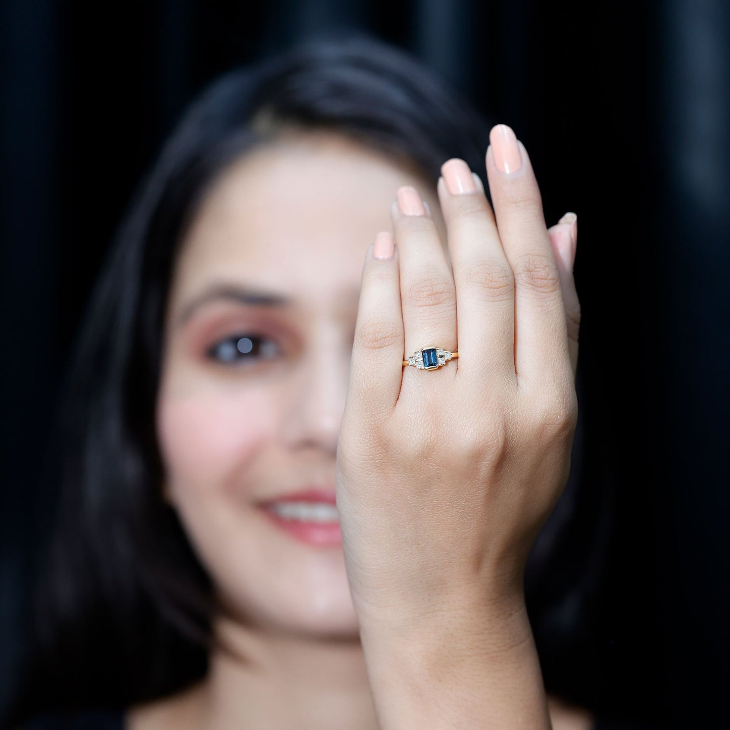 0.7 Carat Emerald Cut London Blue Topaz Statement Ring with Diamond