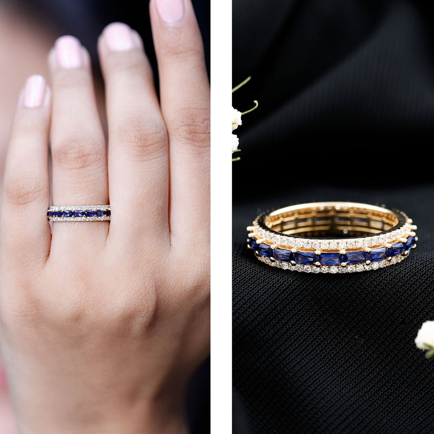 Lab Grown Blue Sapphire Eternity Wedding Band With Natural Diamond