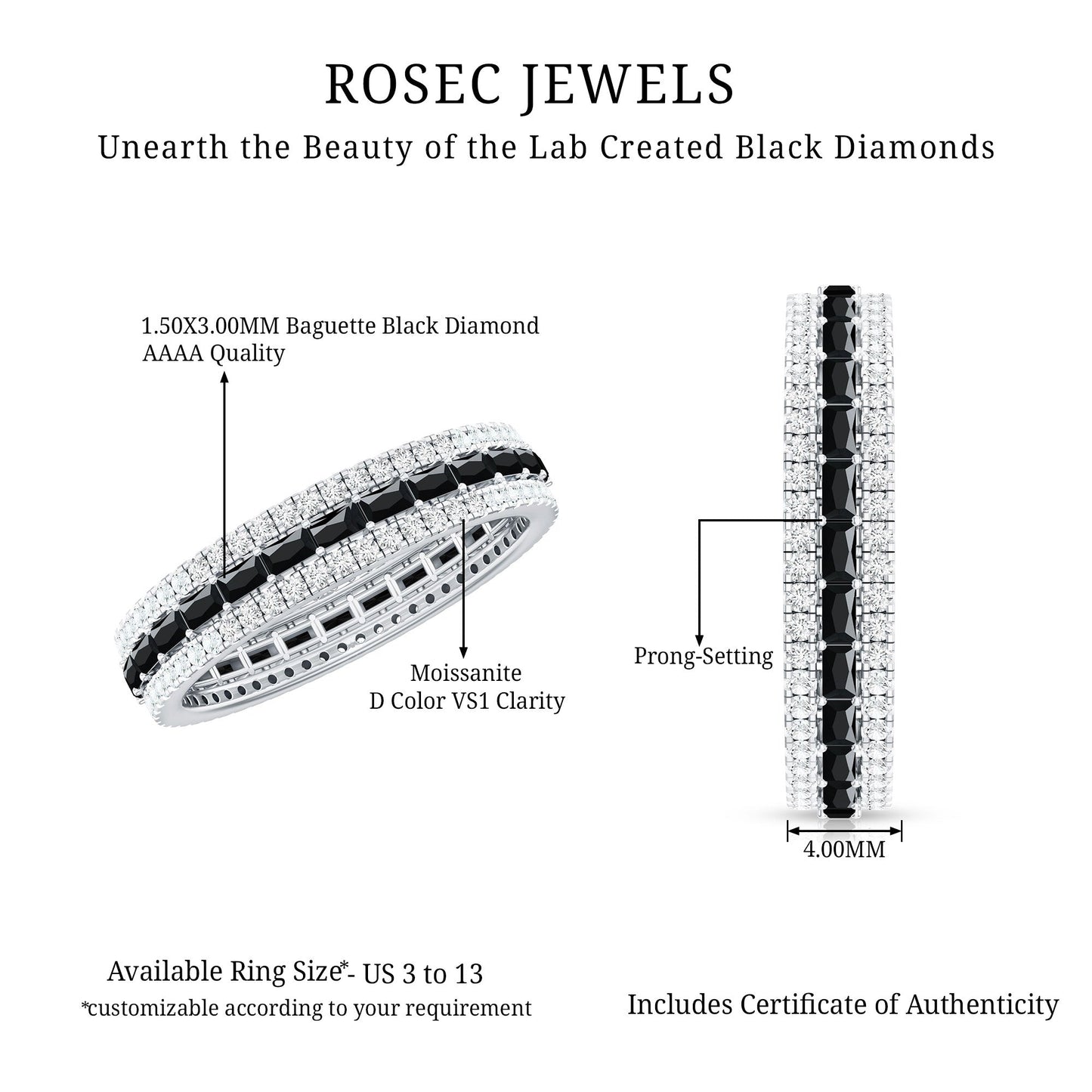 Certified Lab Grown Black Diamond 3 Row Wedding Band with Moissanite