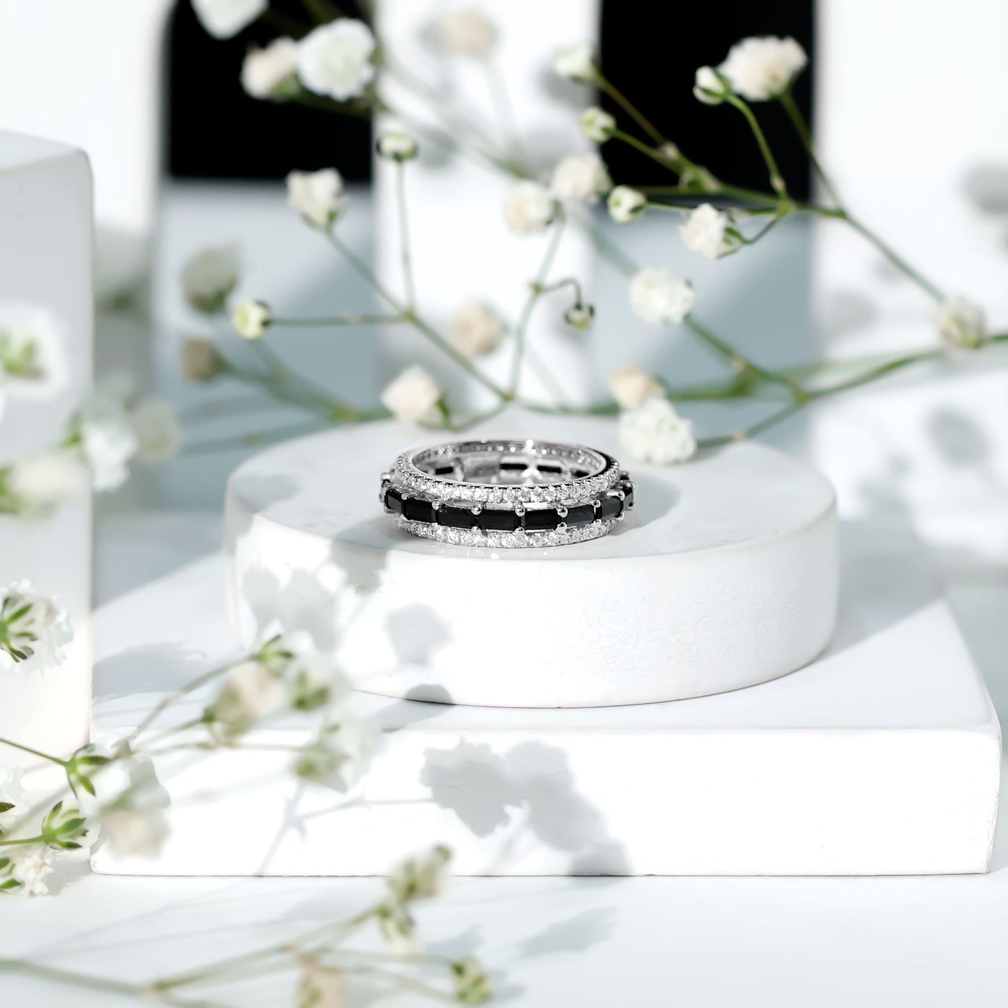 Certified Lab Grown Black Diamond 3 Row Wedding Band with Moissanite