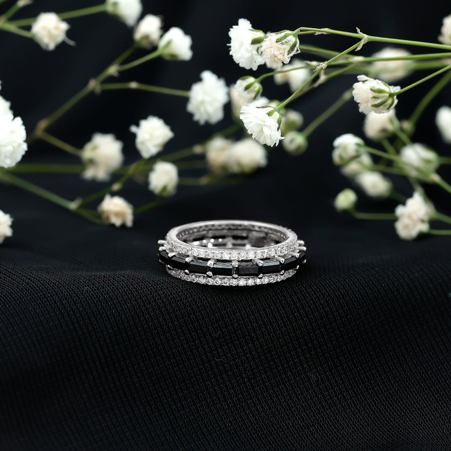Certified Lab Grown Black Diamond 3 Row Wedding Band with Moissanite