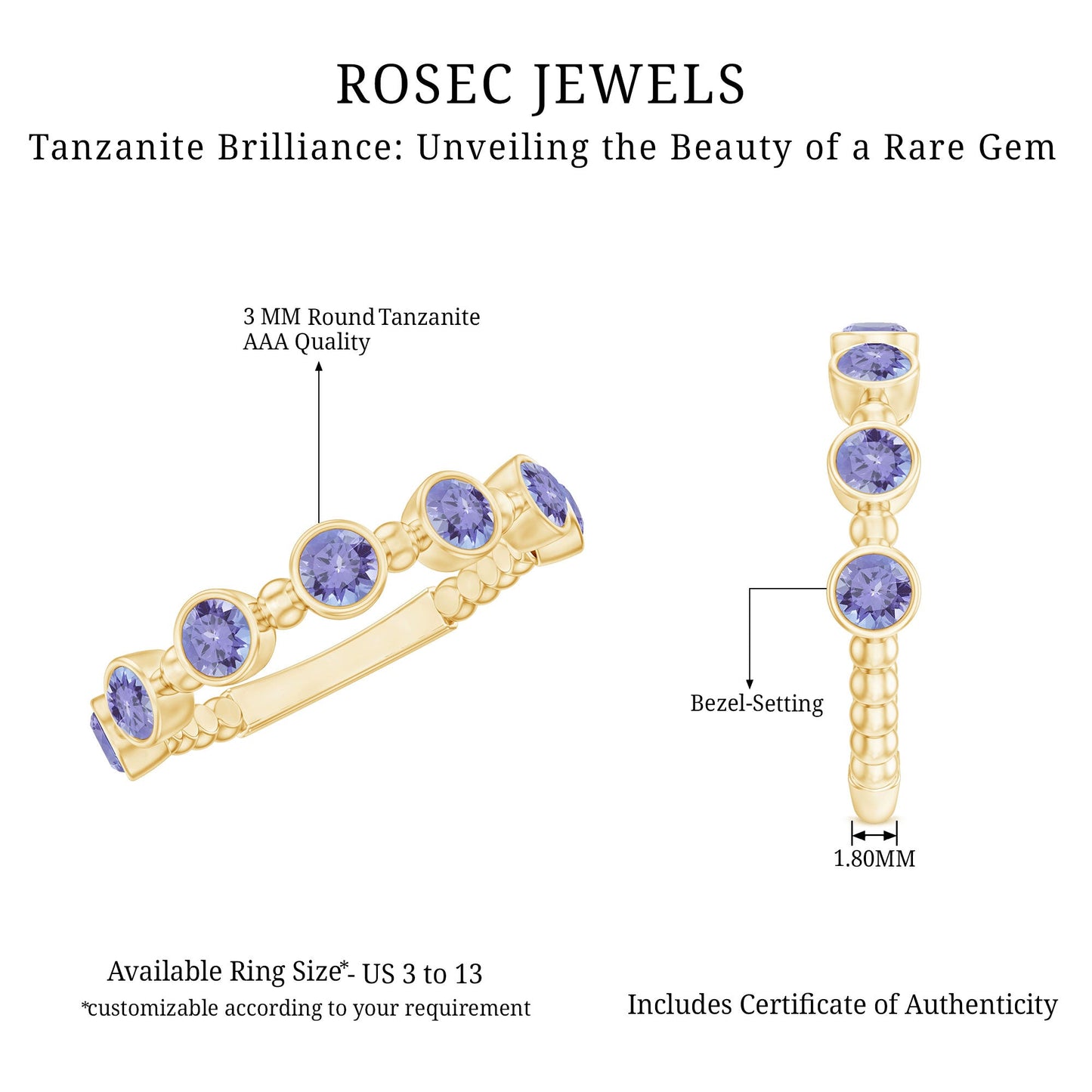 Natural Tanzanite Half Eternity Ring in Bezel Setting