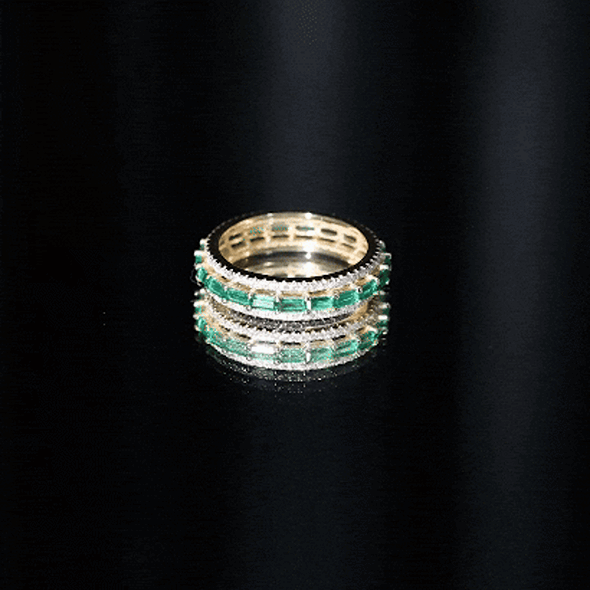 Baguette Cut Lab Grown Emerald and Moissanite Wedding Band